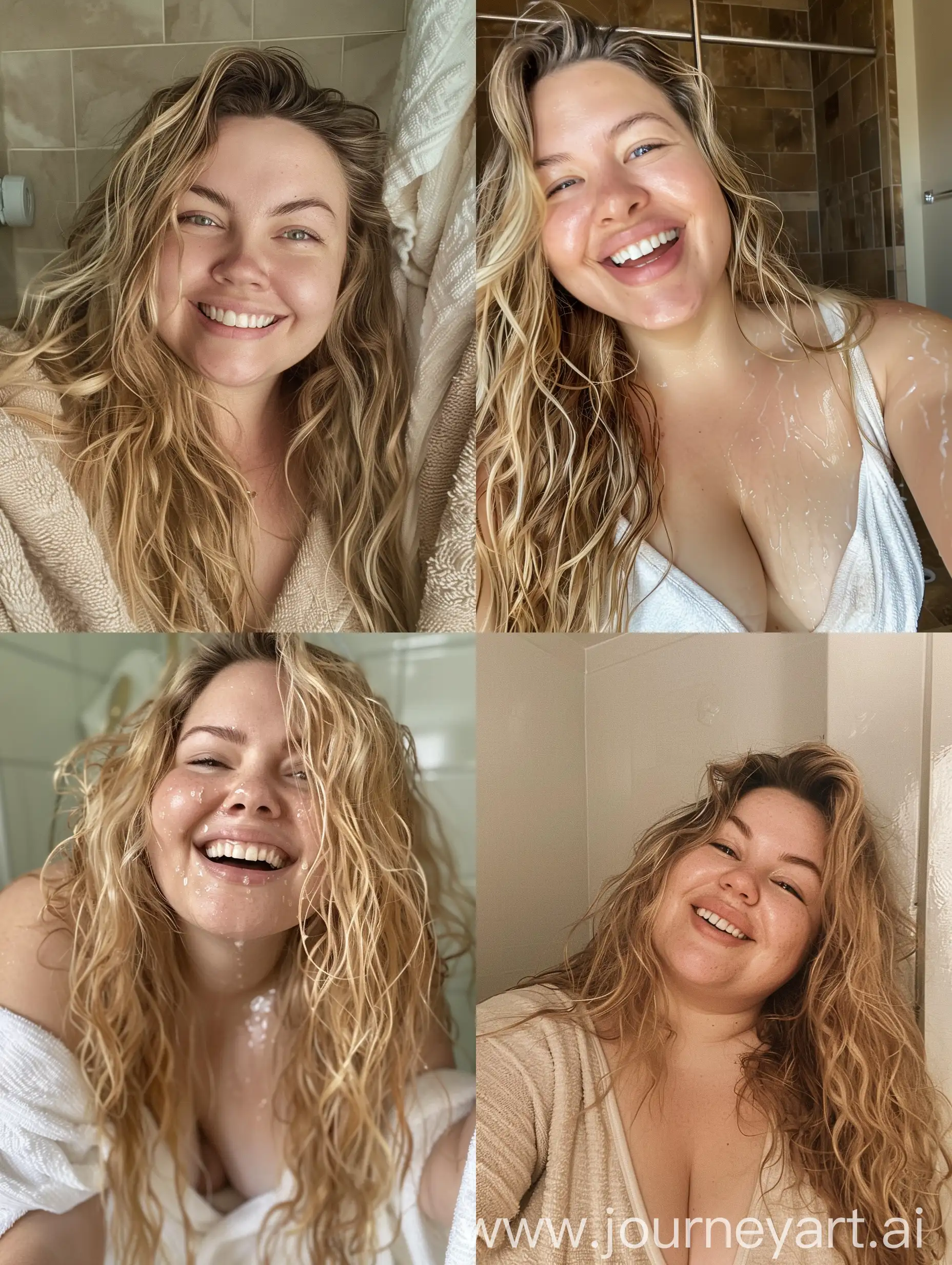 Aesthetic instagram selfie of an average chubby woman, 30's, lavatory, laughing, eyes looking away, profile, happy, close up selfie, blonde hair, long hair, bushy eyebrows, towel, wet hair