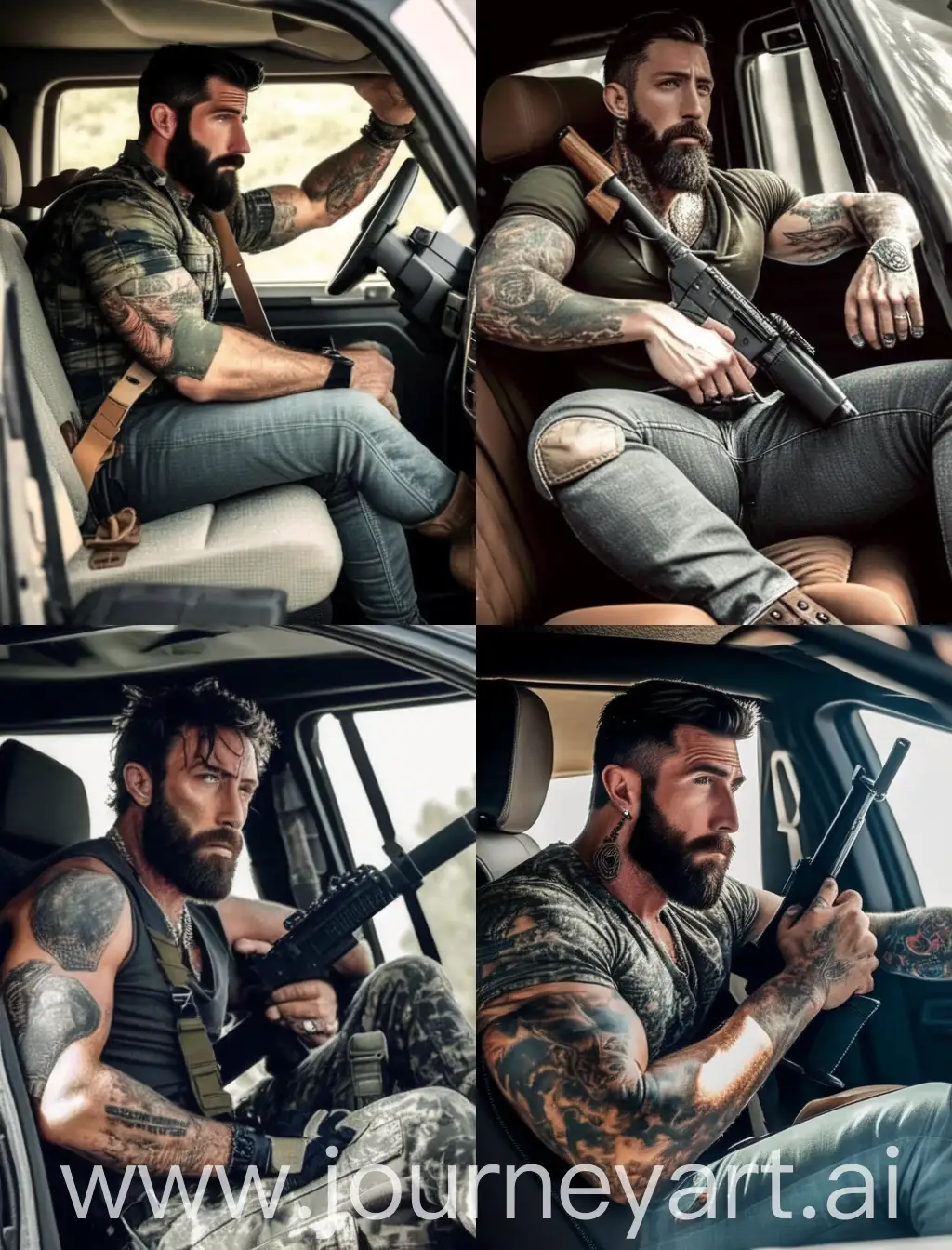A handsome, tall and strong man. Black hair picked up in a bun. He has grey eyes and he has the look of a hunter. He has some scar in his body of his battles. Dressed as a mercenary. He is serious. Wears a gun in his arms. Tattoos in his arms. Mid 30s. Sitting inside a car. Has beard