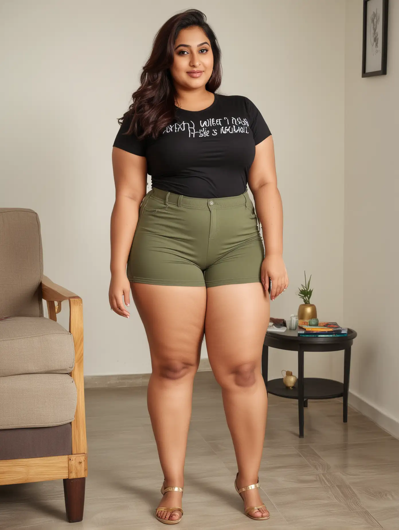 Beautiful indian plus size curvy women wore tight t shirt and shorts at home