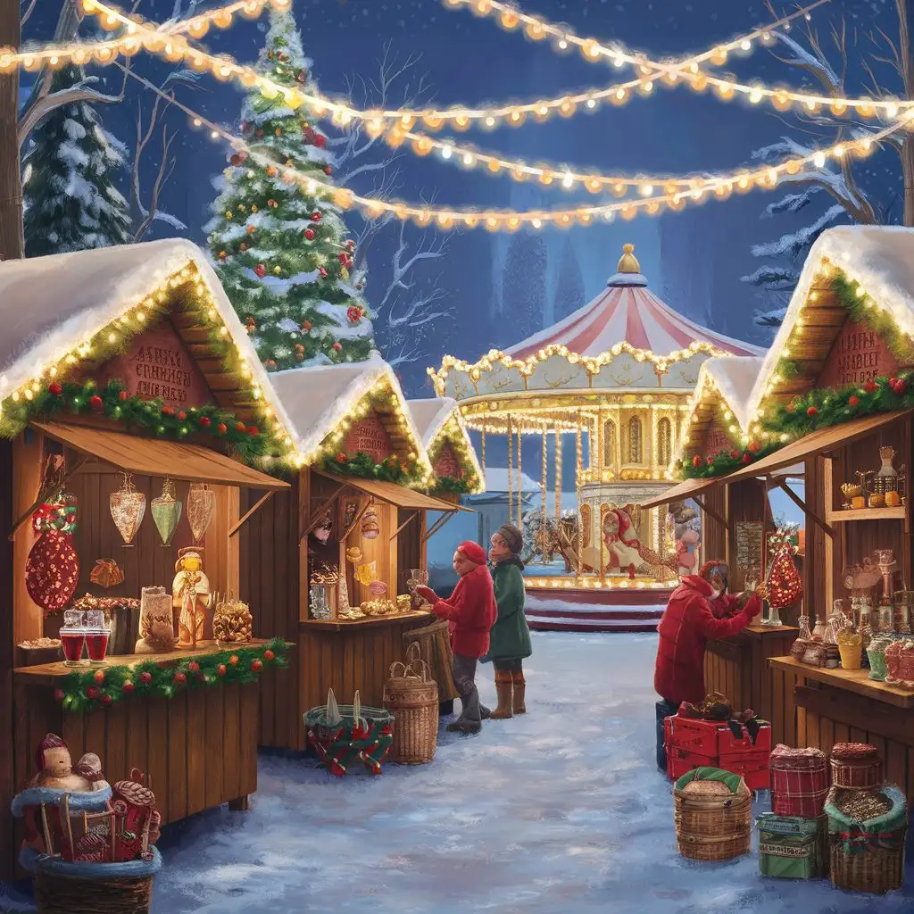 A holiday market with stalls, lights, and winter festivities.