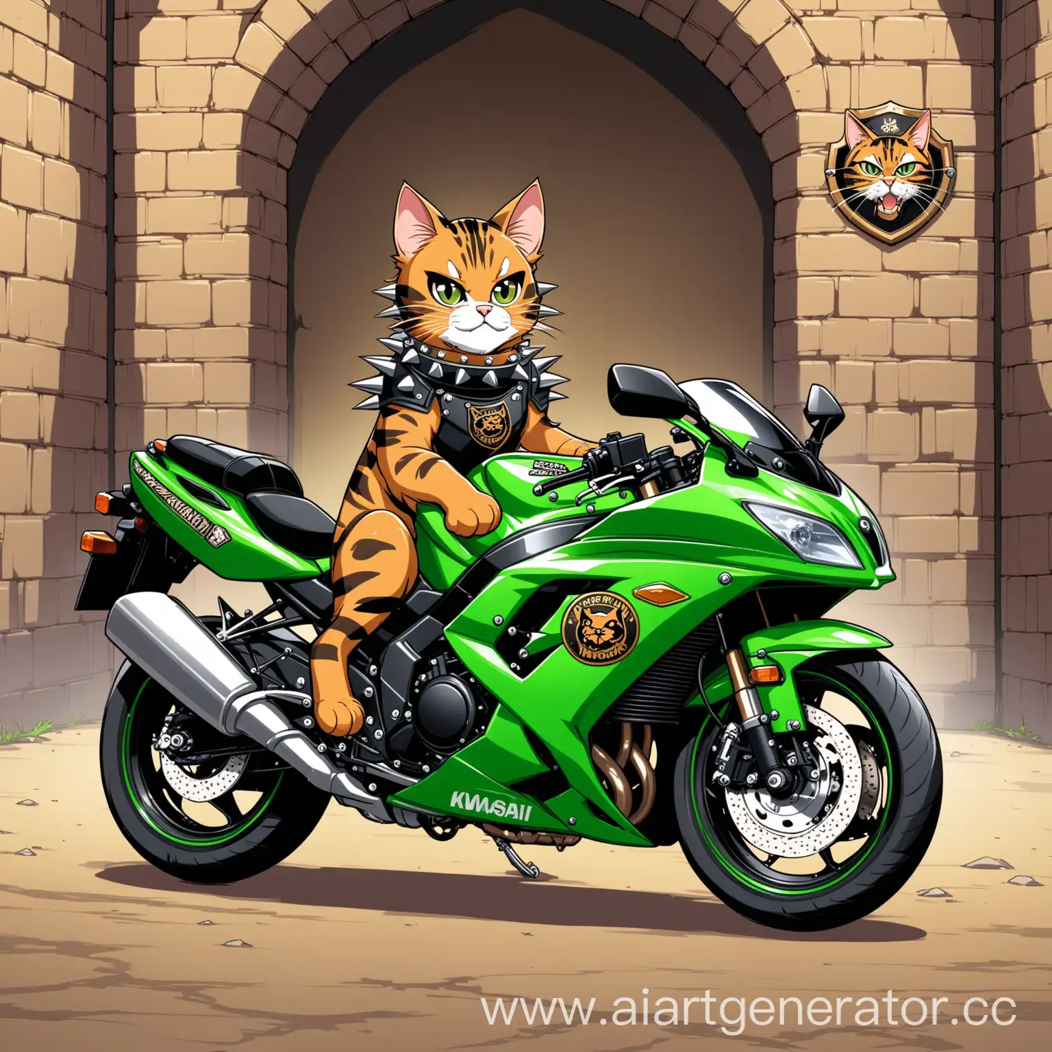 Bengal-Dungeon-Cat-on-Kawasaki-Ninja-Spiked-Collar-Motorcycle-Emblem