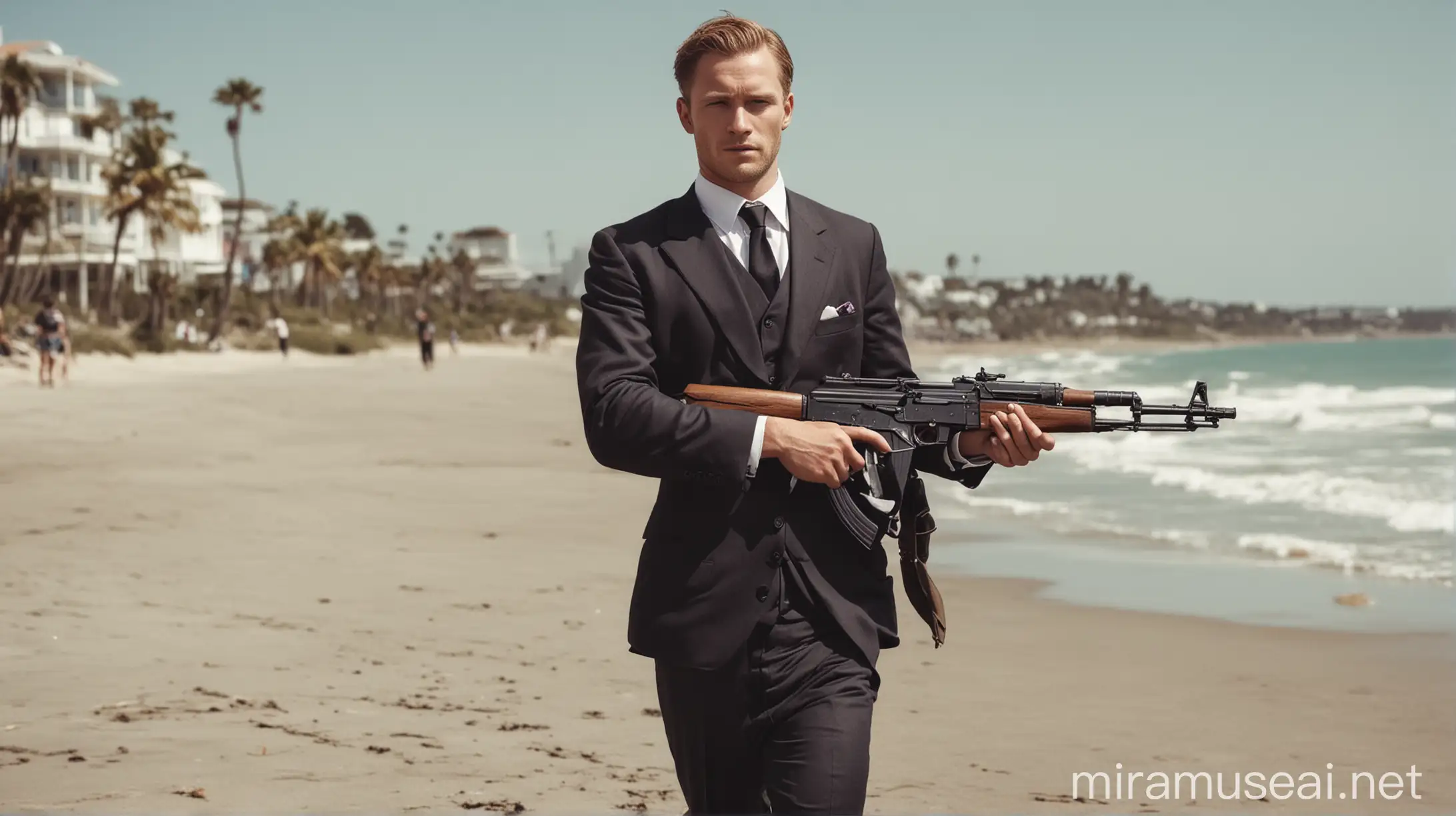 British Man in Suit Carrying AK47 at Beach