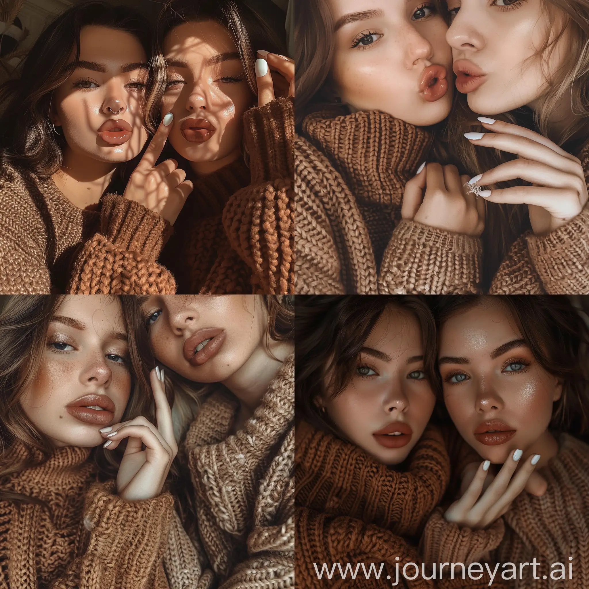 Aesthetic instagram selfie of two teenage girl, lips chest, influencer, soft brown clothing, autumn aesthetic, knitted sweater, dark warm color tones, hand on others face, white gel nail polish--ar 9:16