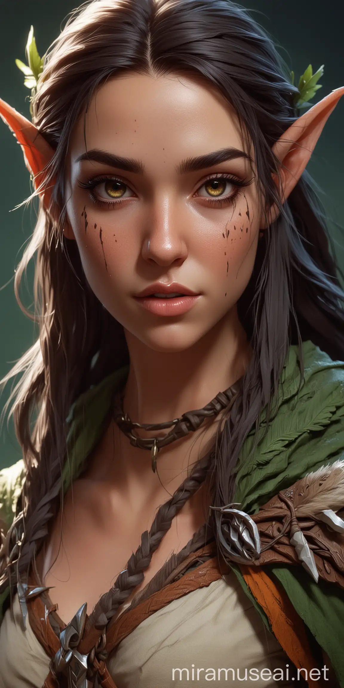 Cel-shaded, large facial scar, elf female druid wild fantasy magic fighter, half body shot by loisvb/rossdraws/samdoesart stylized trending on artstation saturated colors high detail procreate