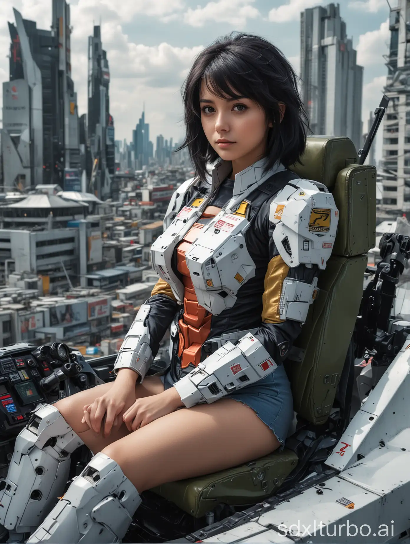 Masterpiece, dual aperture, realistic image about beautiful 27 years old girl, black hair,  sitting in the giant gundam, facing the camera,  in the cockpit there's a panel computer, cloudy, future city street background