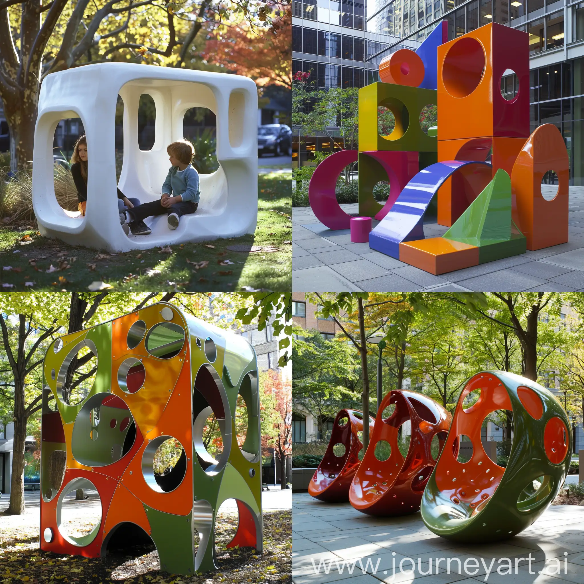 Minimal Multi-functional Urban Play Sculptures .Concept:Sculptures that serve as play areas for children while being aesthetically pleasing urban art. Sources of Inspiration:Isamu Noguchi's Play Sculptures and Tracey Emin's The Doors.
Form & Shape: Playful, abstract forms.
Structure: Safe, non-toxic materials.
Dimensions: Large enough for climbing and playing.
Material: Recycled rubber, metal, and plastic.
Color: Bright, engaging colors.
Features: Climbing structures, slides, interactive elements.
Location: Urban parks, community centers.
Design Style: Playful, functional, abstract.
Design playful, abstract urban sculptures that double as play areas for children. Use safe, non-toxic materials like recycled rubber, metal, and plastic. Incorporate climbing structures, slides, and interactive elements within a large, engaging form. The sculptures should be brightly colored and visually appealing, suitable for urban parks and community centers. Ensure durability and safety for heavy use by children.  
