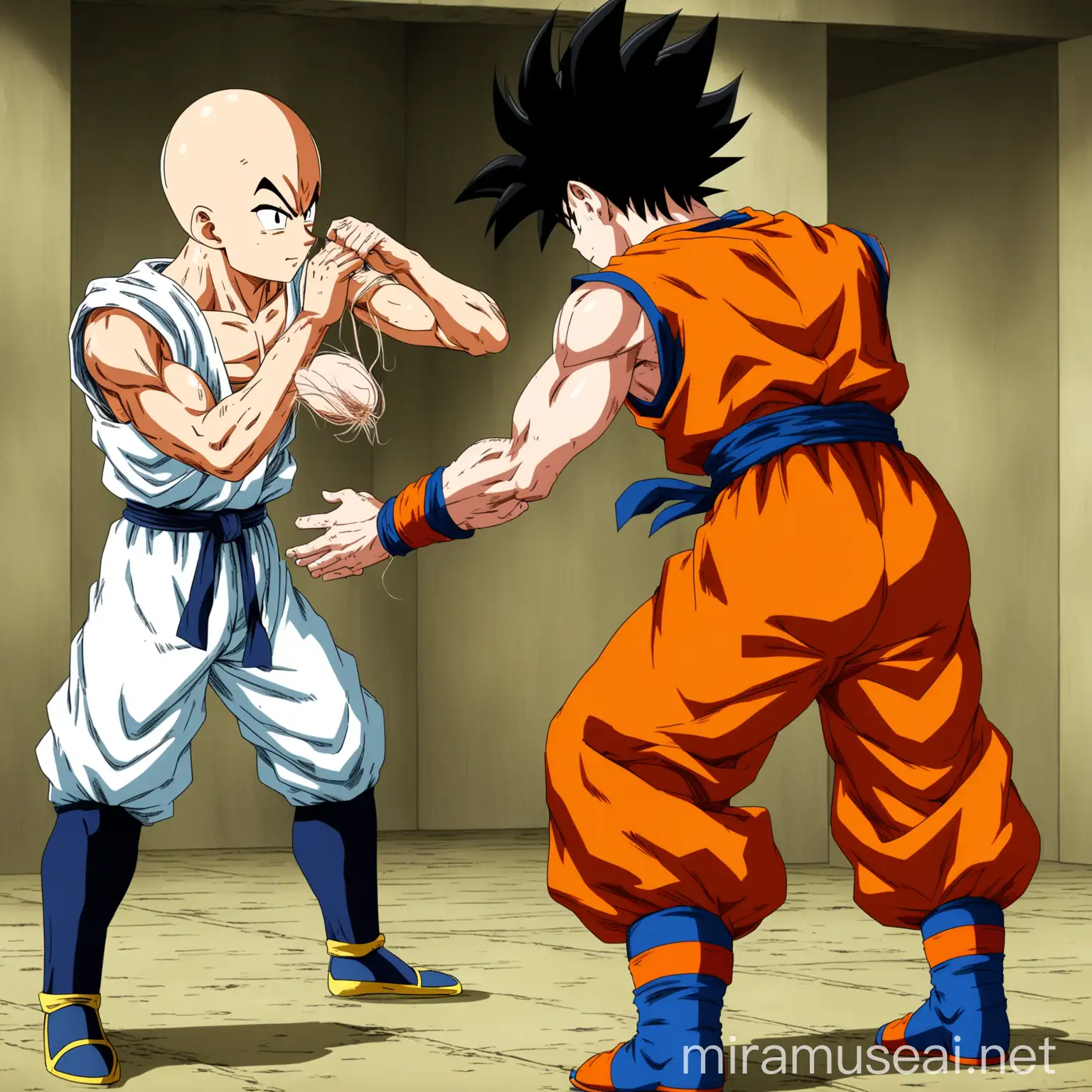 Goku handing over some hairs to Saitama in a dragon ball super setup. 