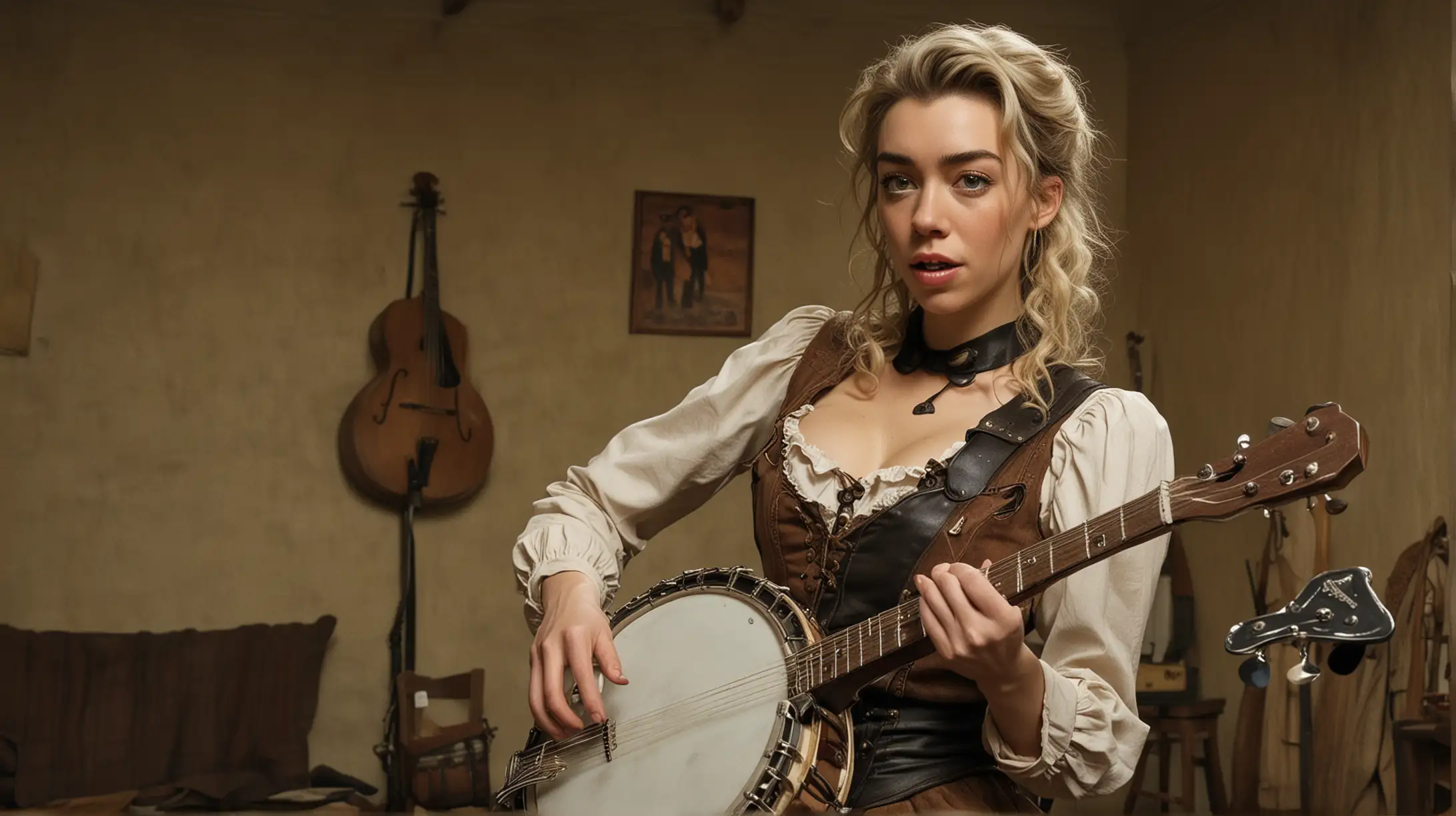 Seductive Vanessa Kirby Playing Banjo in Western Fallout Style