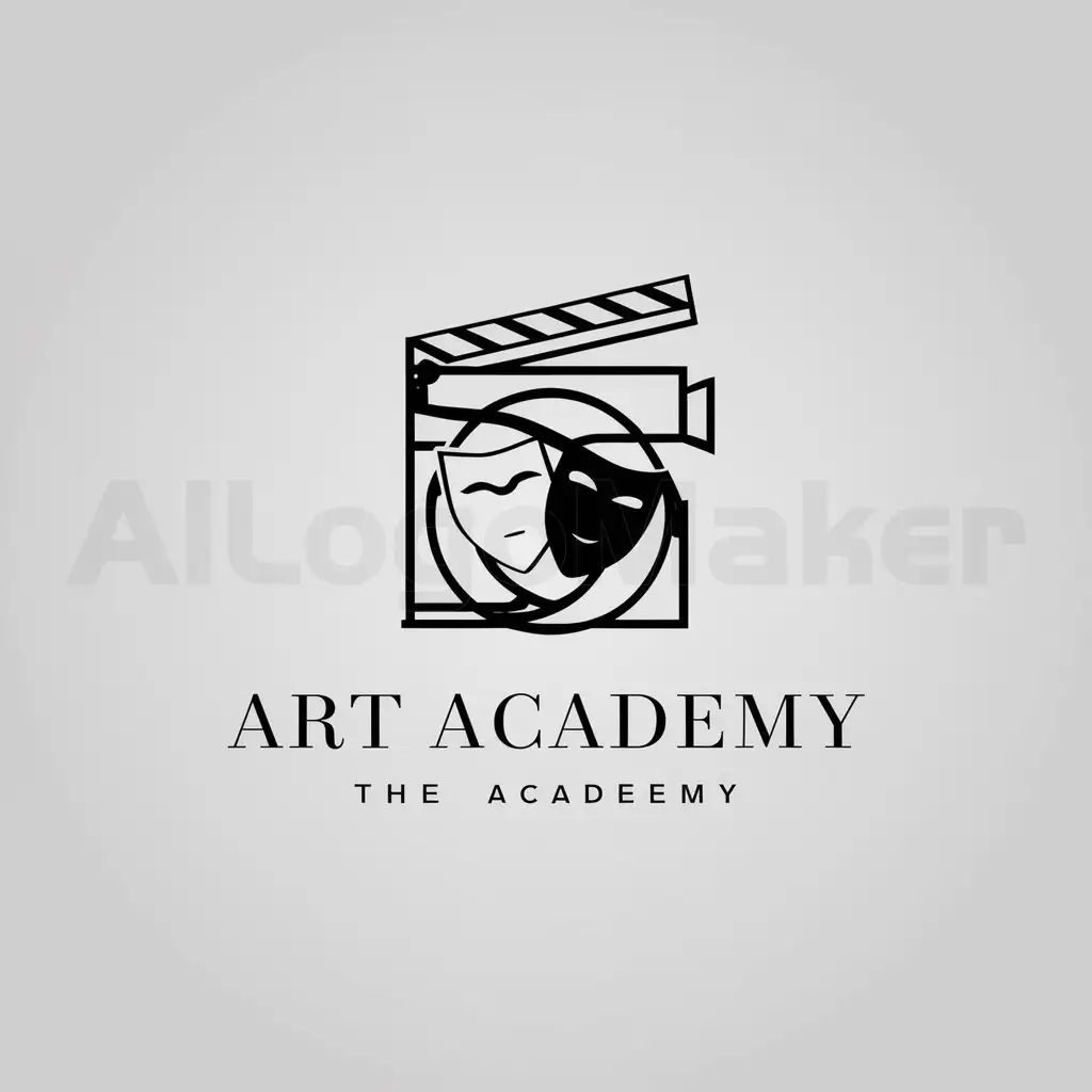 a logo design,with the text "Art Academy", main symbol:Please mix classic and neoclassic method in logo design and utilize cinematic elements, such as camera, clapperboard, as well as theatrical elements.,Minimalistic,clear background
