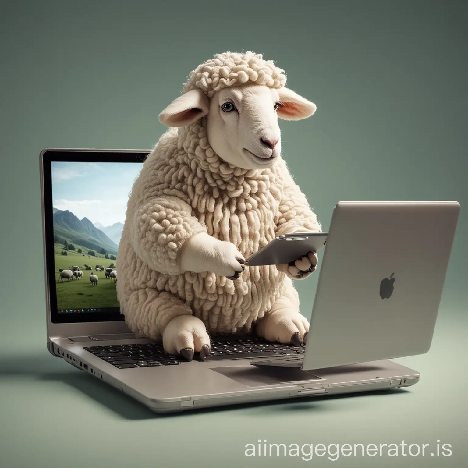 a sheep as a human character setting on laptop