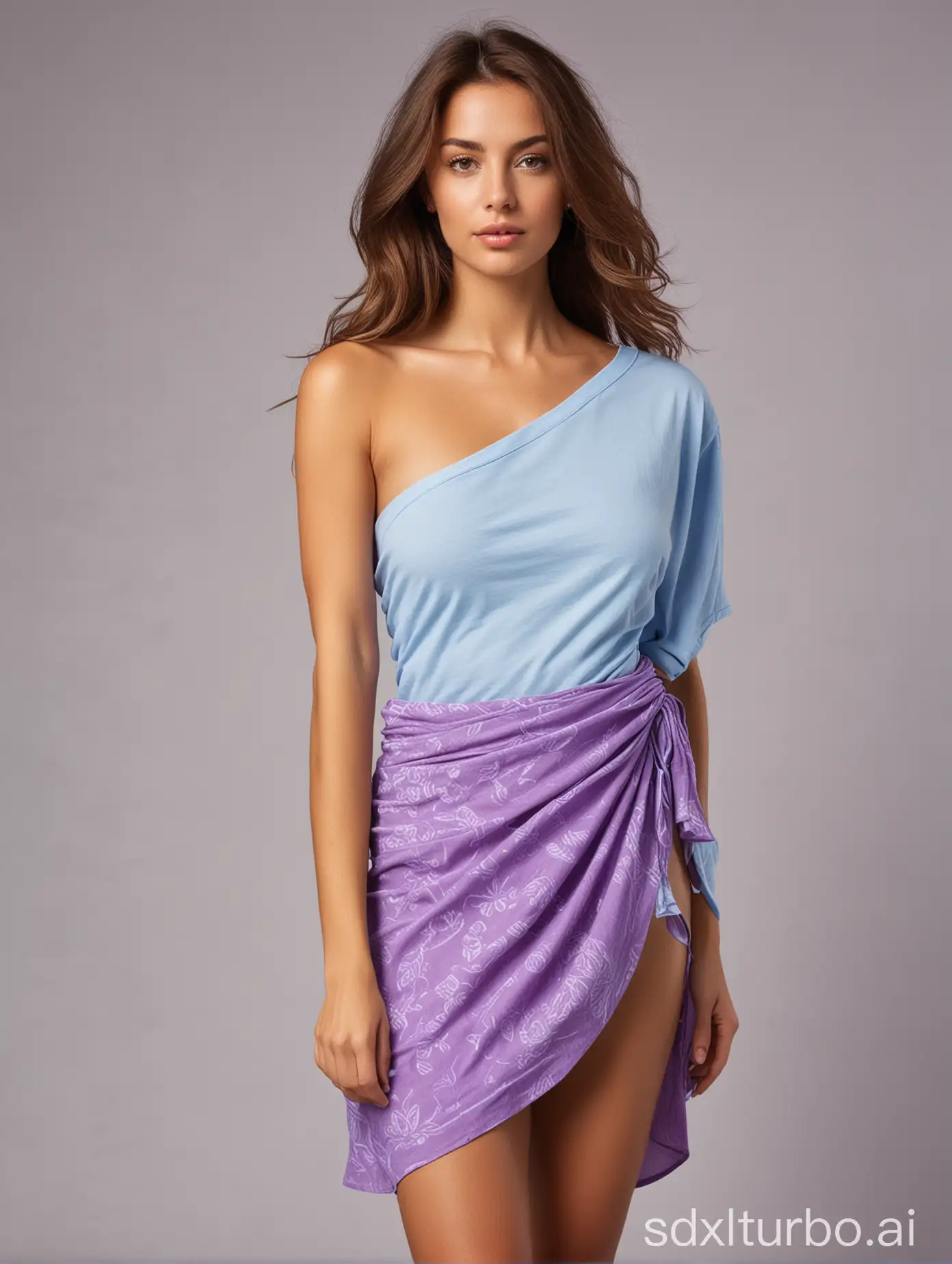 woman, medium brown haired, slim body, small breast, wearing light blue oversized t-shirt, wearing purple sarong