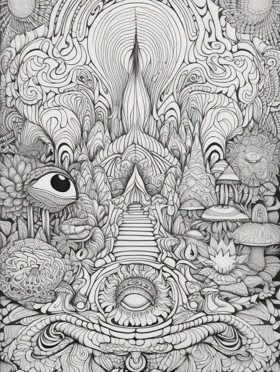 adult coloring book page, dmt trip, PSYCHADELIC VISUALS,high contrast, black and white, thick outline
