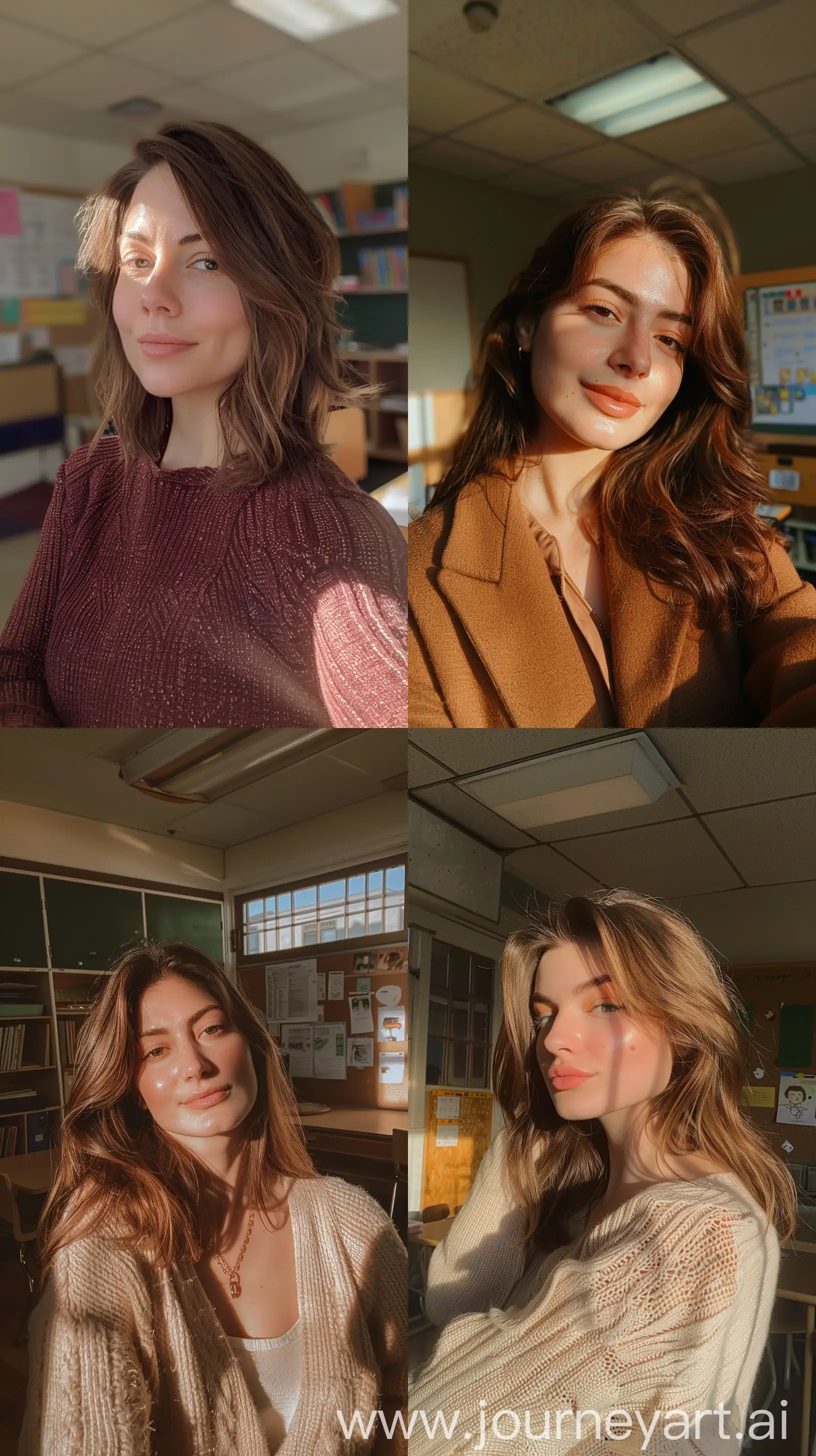 Aesthetic Instagram selfie of a female elementary school teacher in her classroom, warm brown tones, pretty face, mid 30's, realistic lighting and shadows, wide set, profile throw face away in room --ar 9:16
