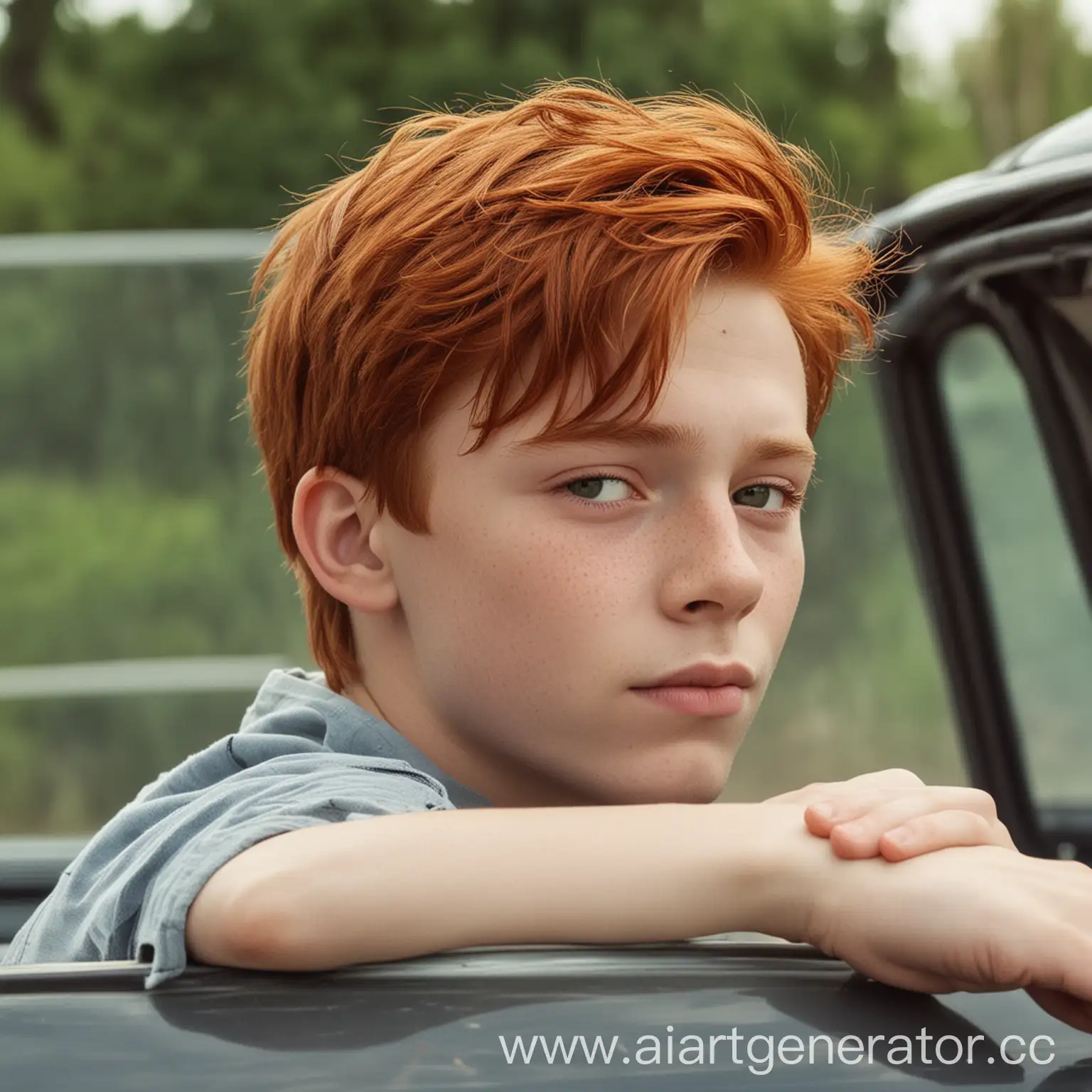 Redheaded-Teen-Boy-Gazing-into-the-Distance-from-Car-Window