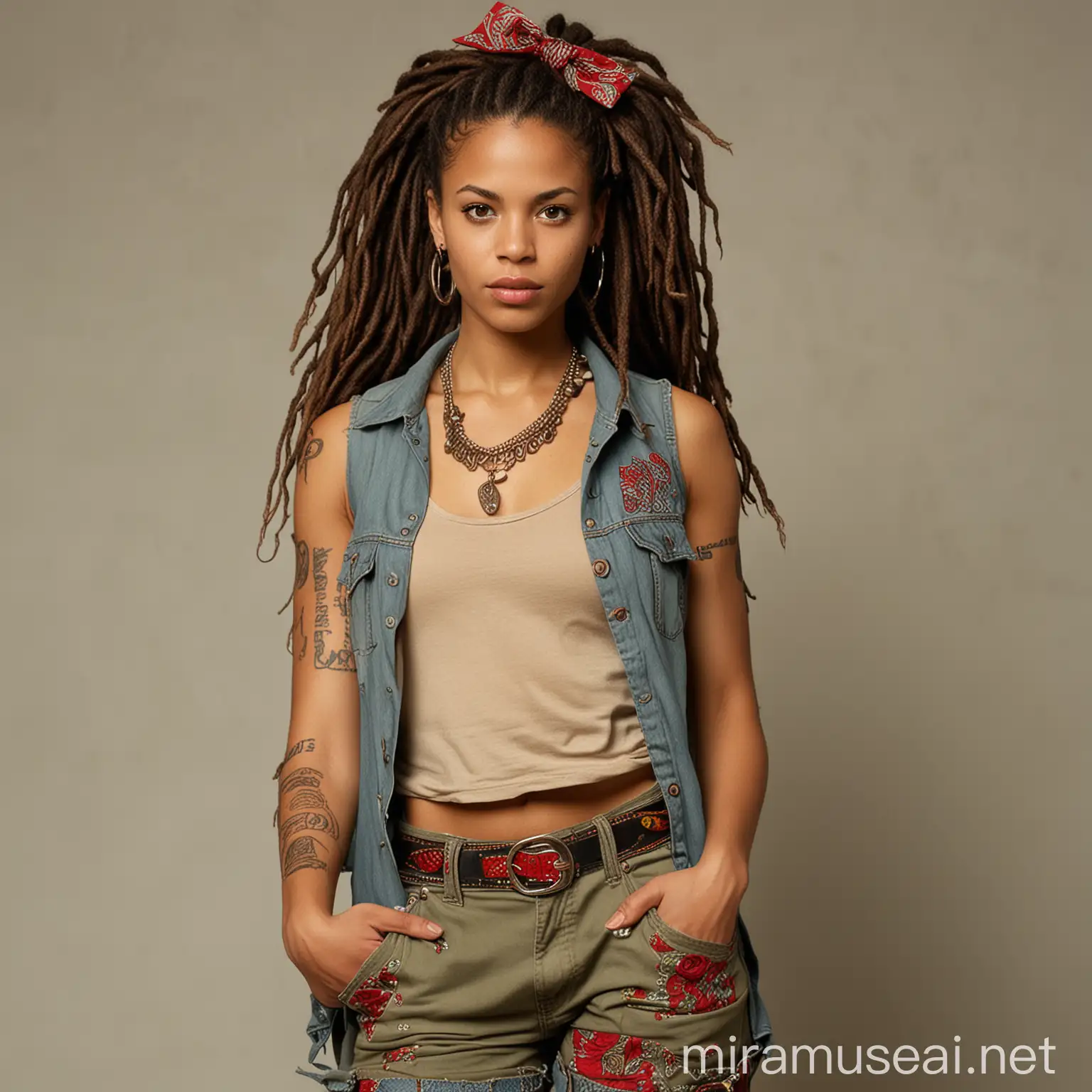 A Afro-Brazilian woman, 29-years-old, long dreadlock brown hair, with a scarlet satin paisley flowers print headband. Has a muscular body, dark eyes and tattoos on arms. She wore a khaki tie front sleeveless shirt, denim bermuda with a sheath on her waist, hiking leather boots, and a golden necklace. She carries an determination and distrustful aura.