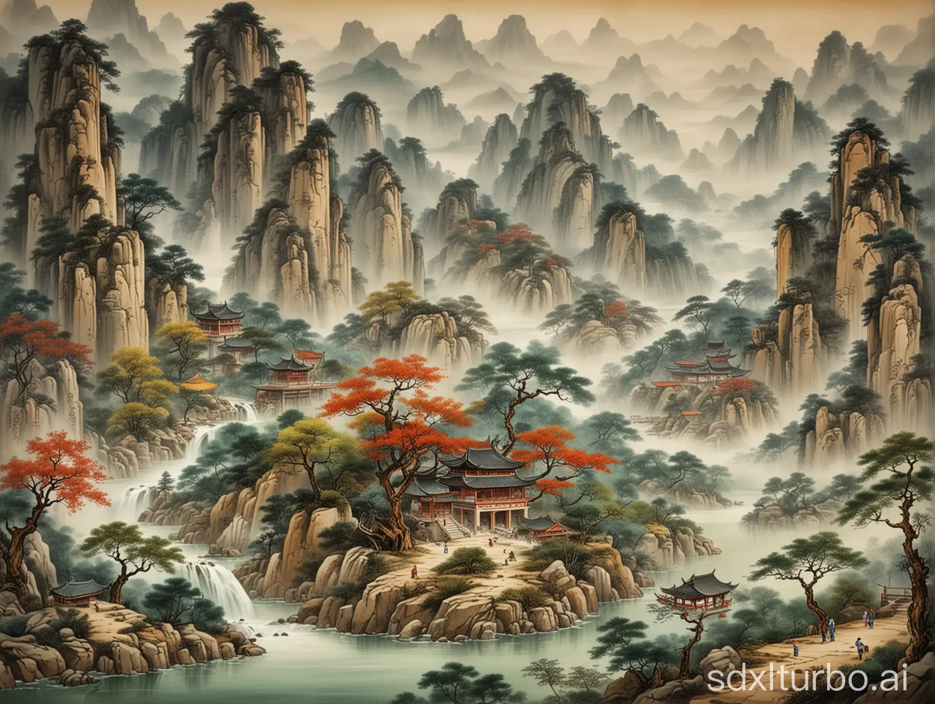 Chinese ancient style landscape painting, magnificent, there are forests and water in the mountains
