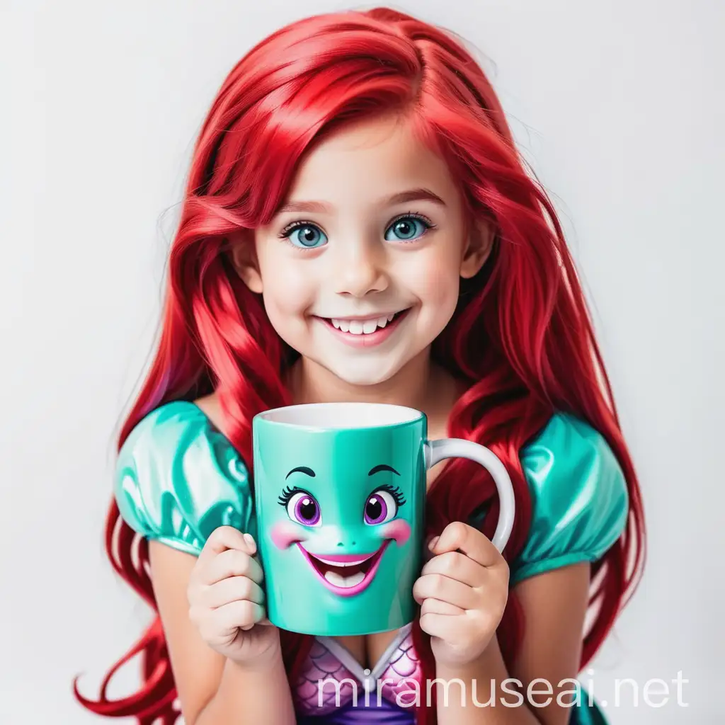 beautiful little mermaid cosplay girl smiling with square white mug on white background