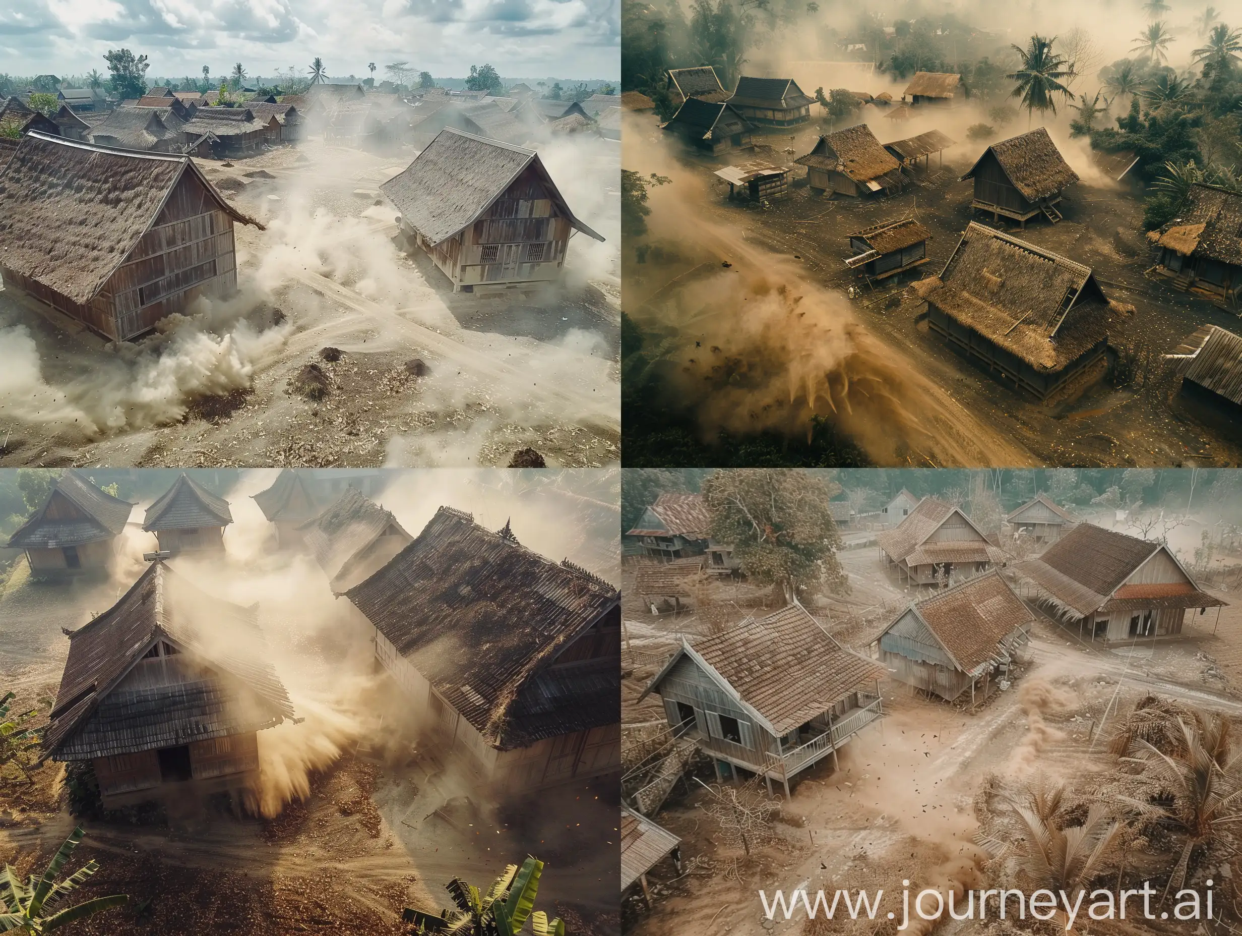 cinematic film, drone view, Indonesian village in the royal year, you can see several simple wooden houses. The wind is blowing hard, spreading dust and leaves 16:9