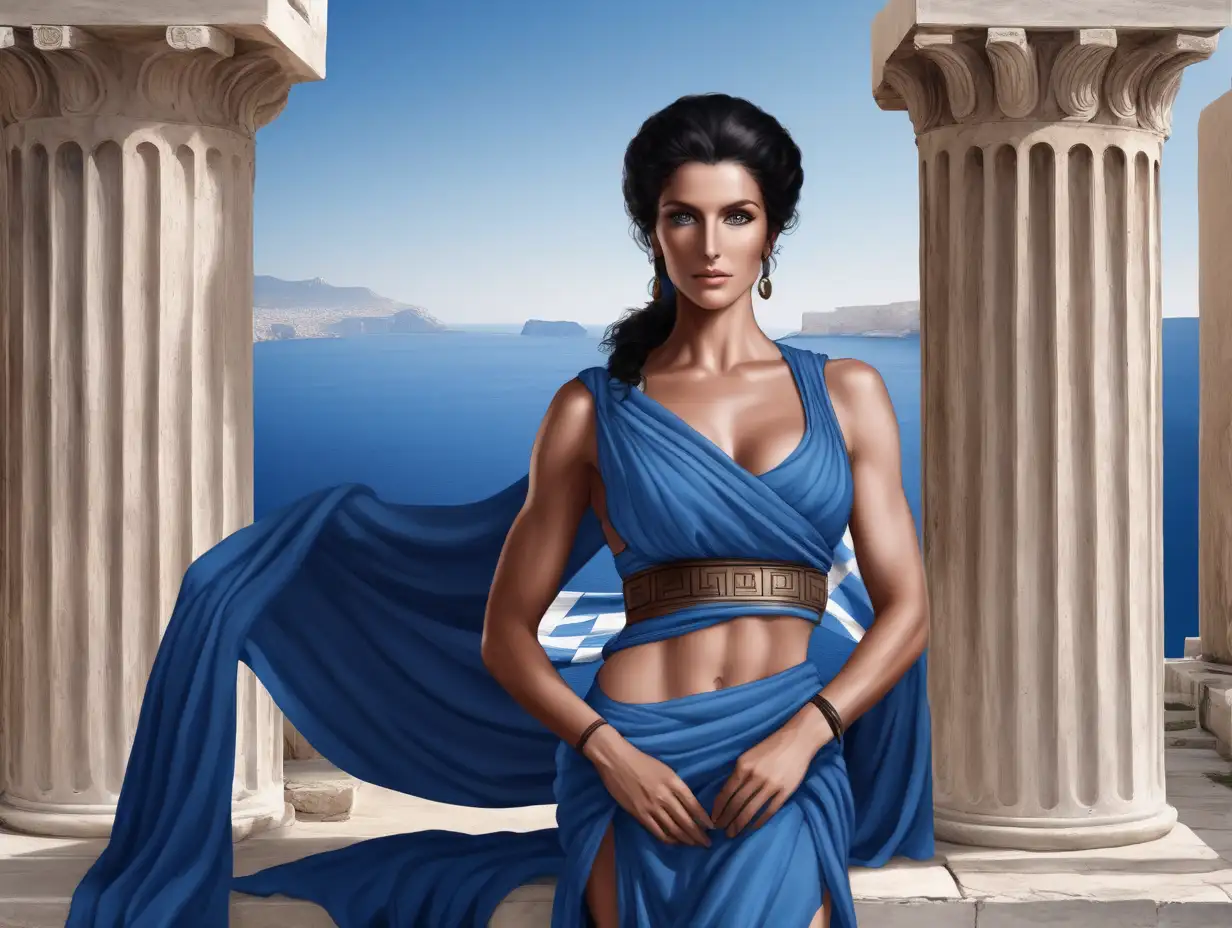 Женщина, греческая царица, загорелая, смуглая кожа, плоский живот, пресс на животе, античная царица, синяя одежда, голубые глаза, чёрные волосы, красивая грудь, античность, мускулы, сила, древняя греция, древний рим, задний фон море, портрет, симметрия
