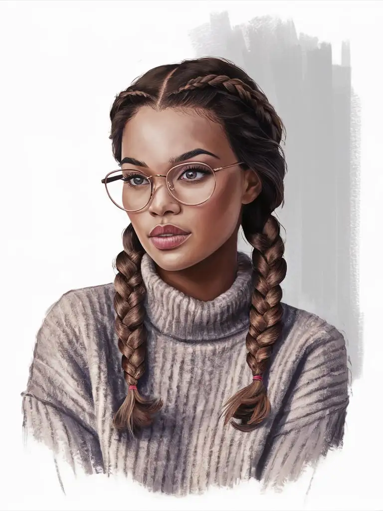 Beautiful African American woman, realistic portrait, loose painterly style, simple abstract background, braids, glasses, sweater