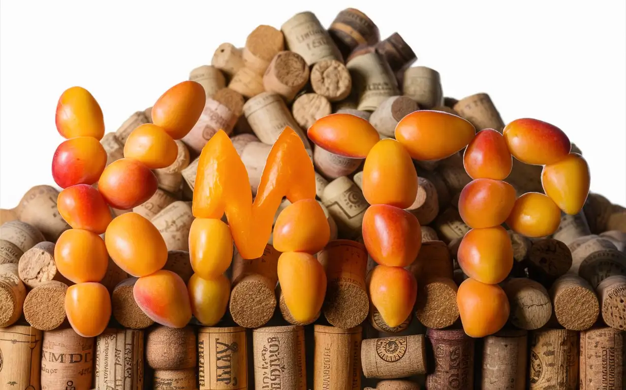 Write the word “KMTP” large using ripe, juicy apricots against a background of a large pile of wine corks
