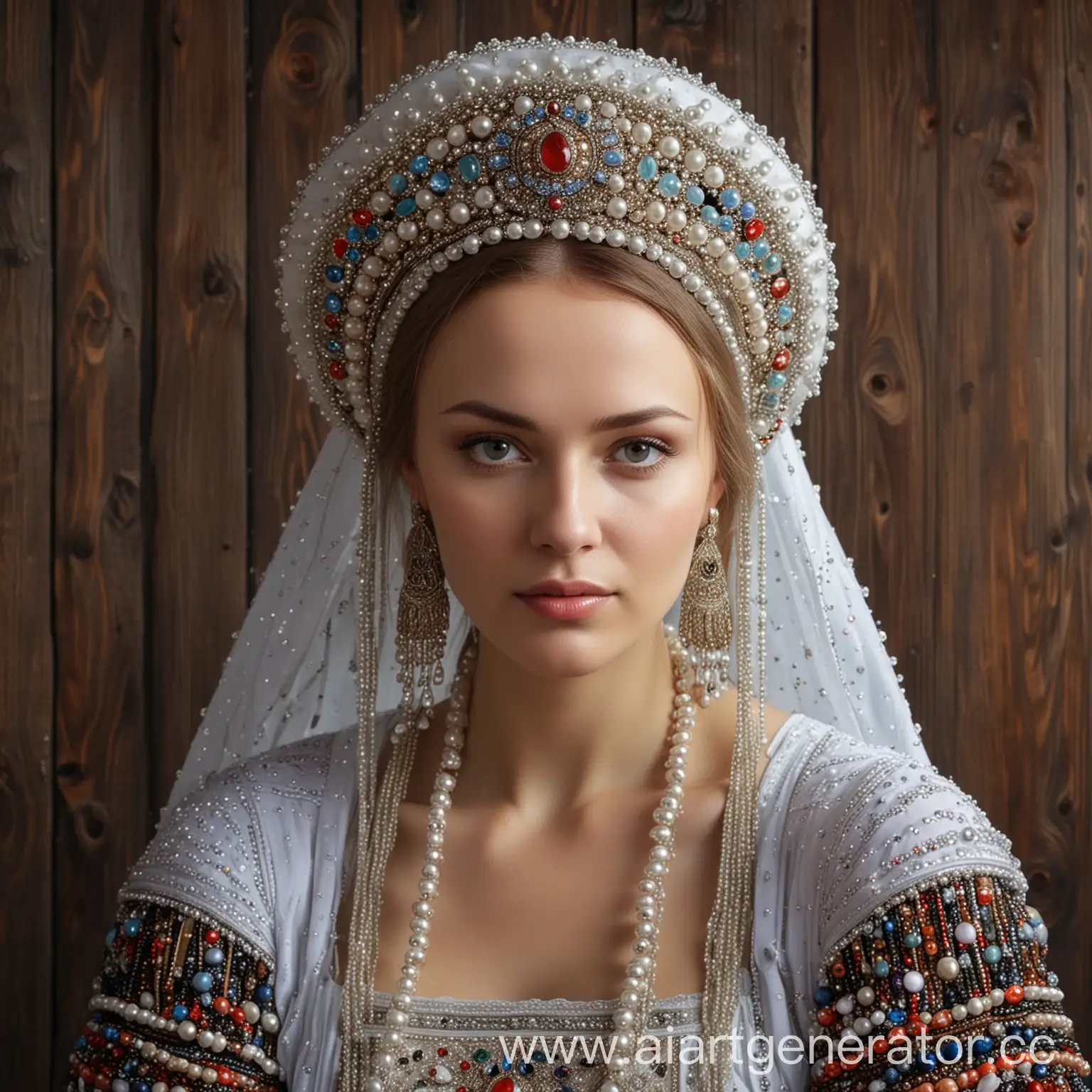 Traditional-Slavic-Woman-in-Kokoshnik-and-Ornate-Izba-Setting