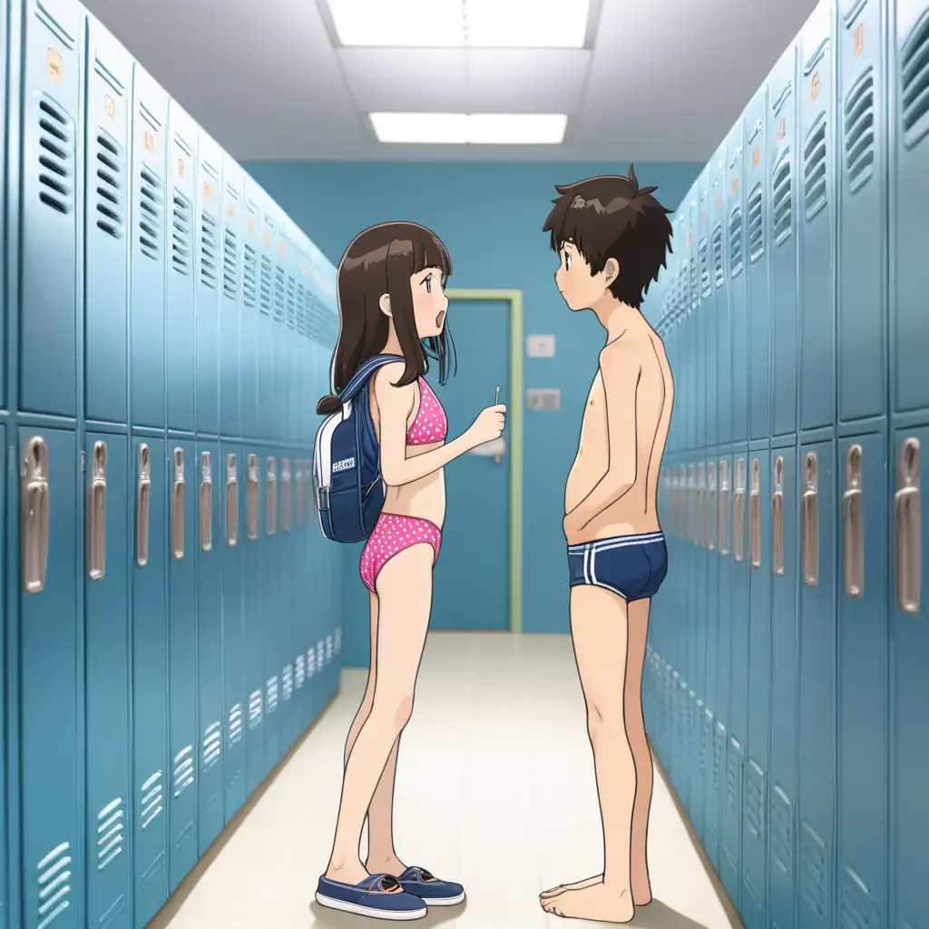 16 year olds Japanese girl and boy in swimsuit talking,school locker room,full body