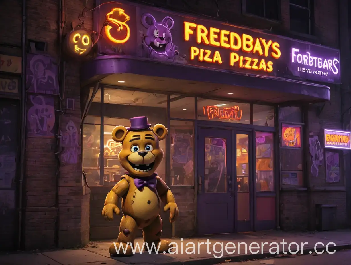 Generate an image of a Freddy Fazbear’s Pizza entrance, with the iconic yellow and purple color scheme. Focus on the bright neon sign with the Freddy Fazbear logo, and the surrounding area with a dark and decaying vibe. The neon light appears to be reflecting off of the ghostly figures of children who are seemingly emerging from the shadows, hinting at their connection to the electric energy. Use a blend of warm neon lights and shadows to create a sense of foreboding and the presence of the unseen.