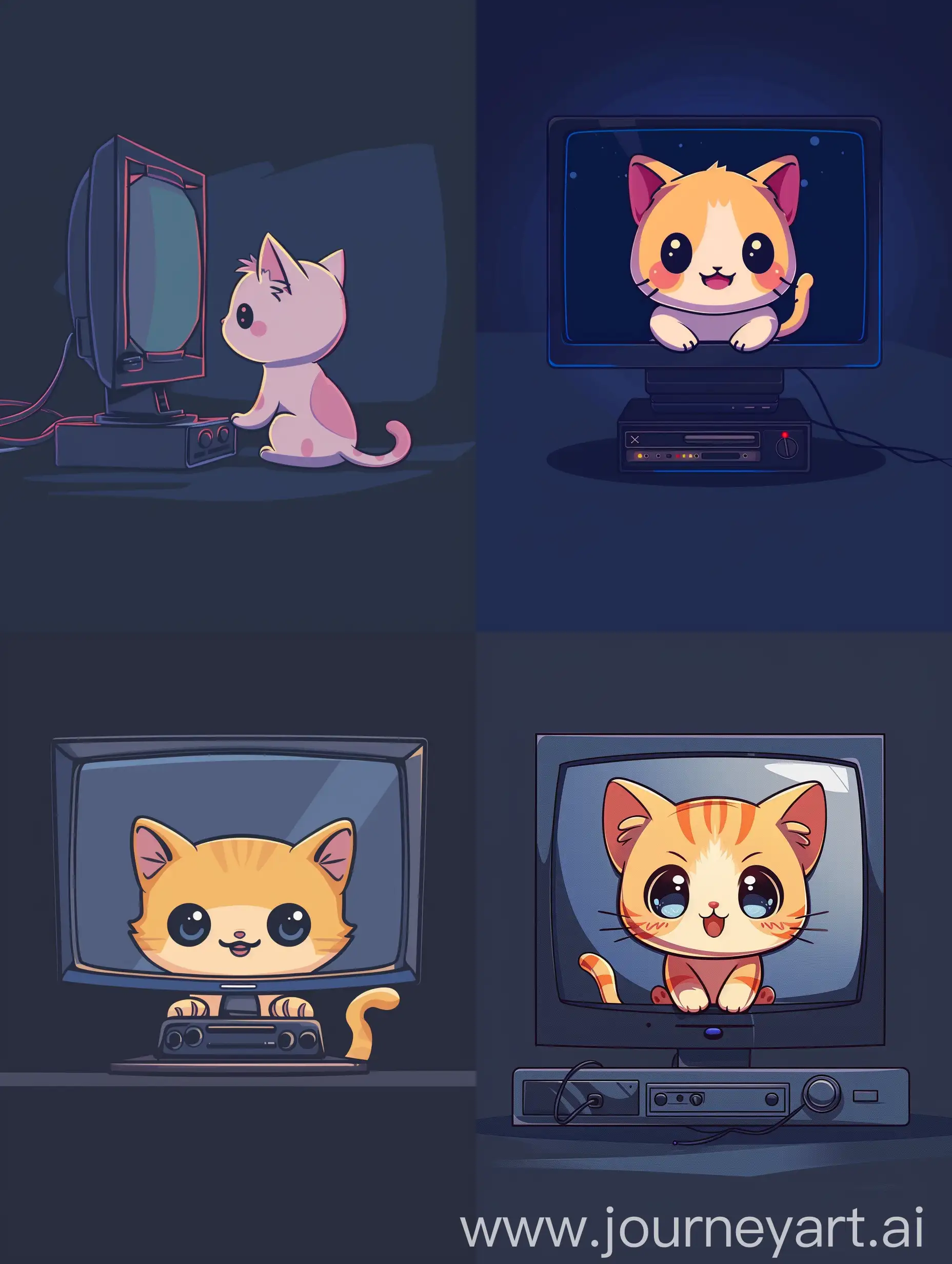 thin line style chibi cute cat watching tv, with solid dark blue background, small object and center concentrated image, far view point