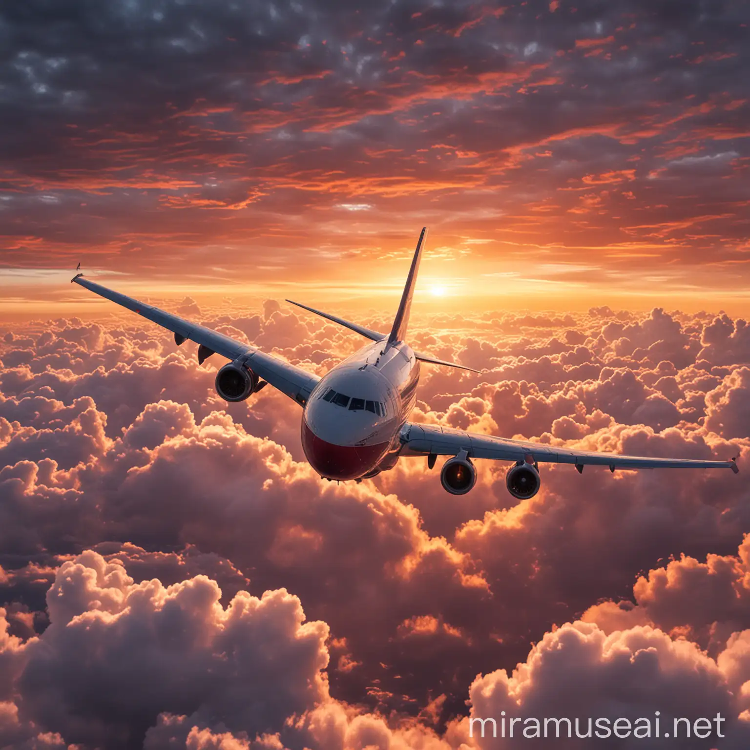 Sunset Skyline Airplane Breaking Through Clouds