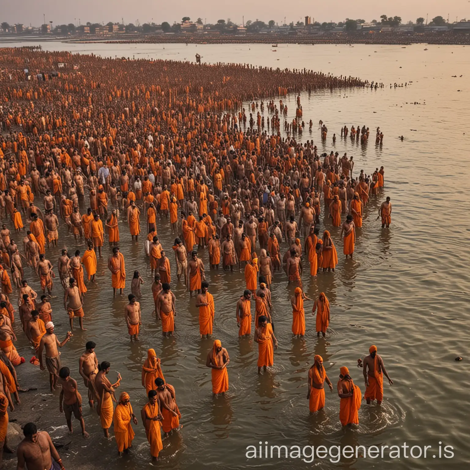 I want you to generate a picture where five people of the family are preparing to go to the sacred River for the Shahi snaan At the Maha Kumbh Mela in Prayagraj, the river should be river Ganga