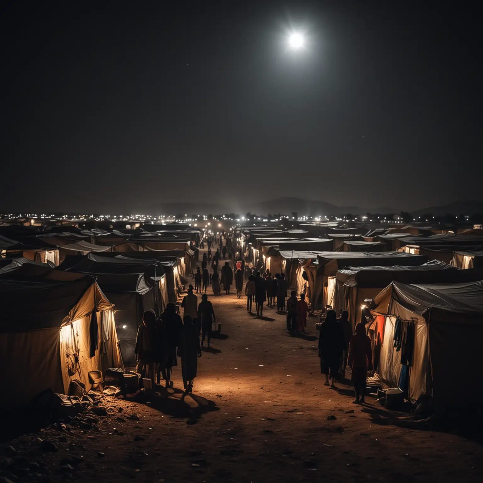 people in refugee camps at night in complete darkness