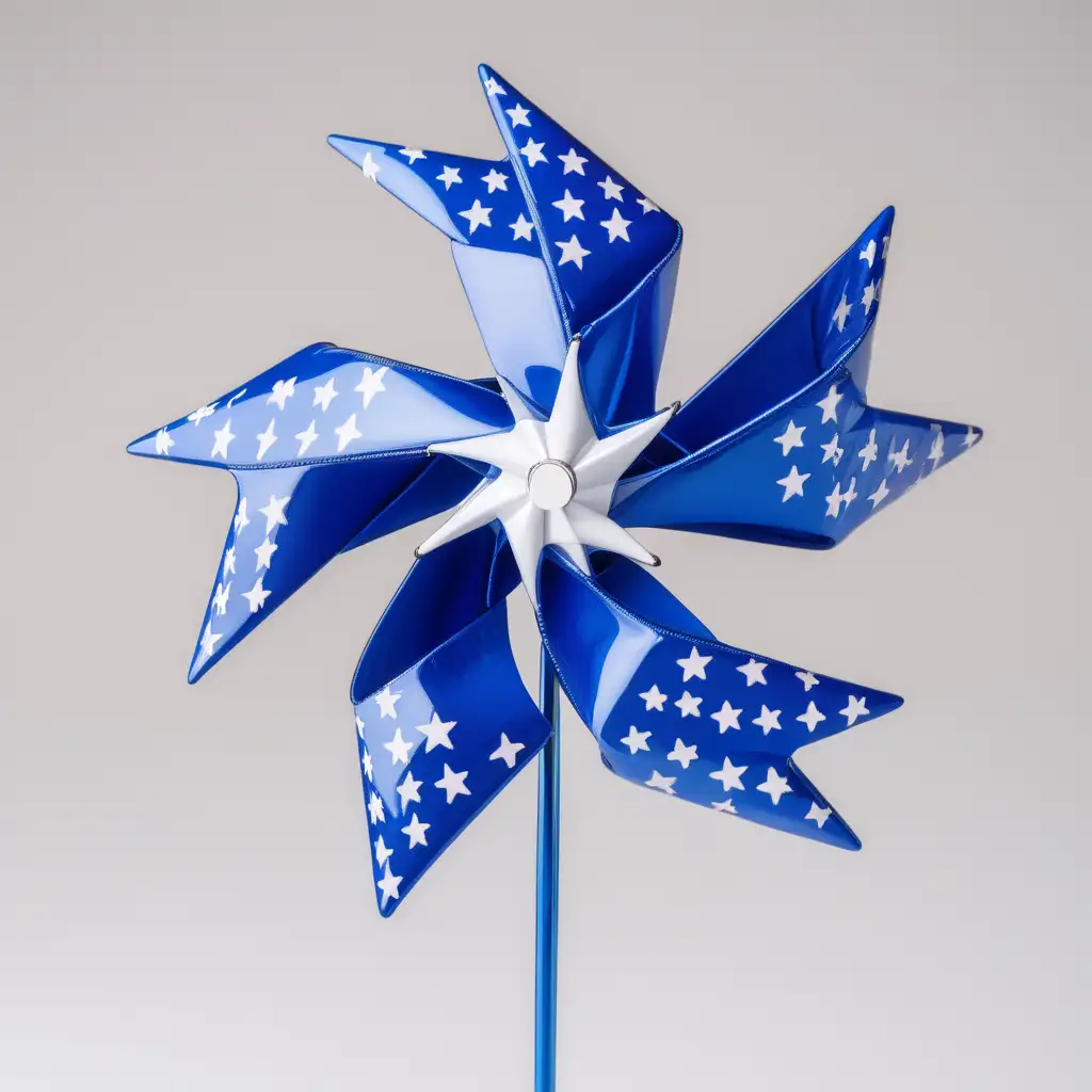 Shiny Blue Pinwheel with White Stars Spinning Against Sunny Sky