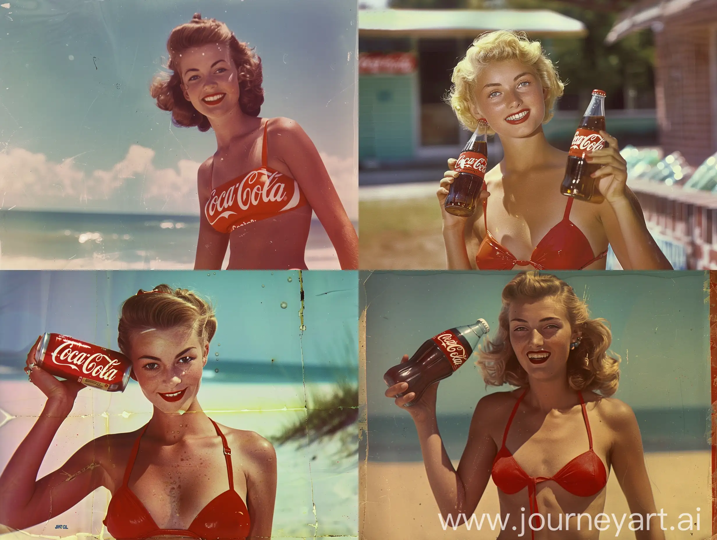 coca cola old ads,bikini girl,1950's, super panavision70,retro color,halo loght filter
