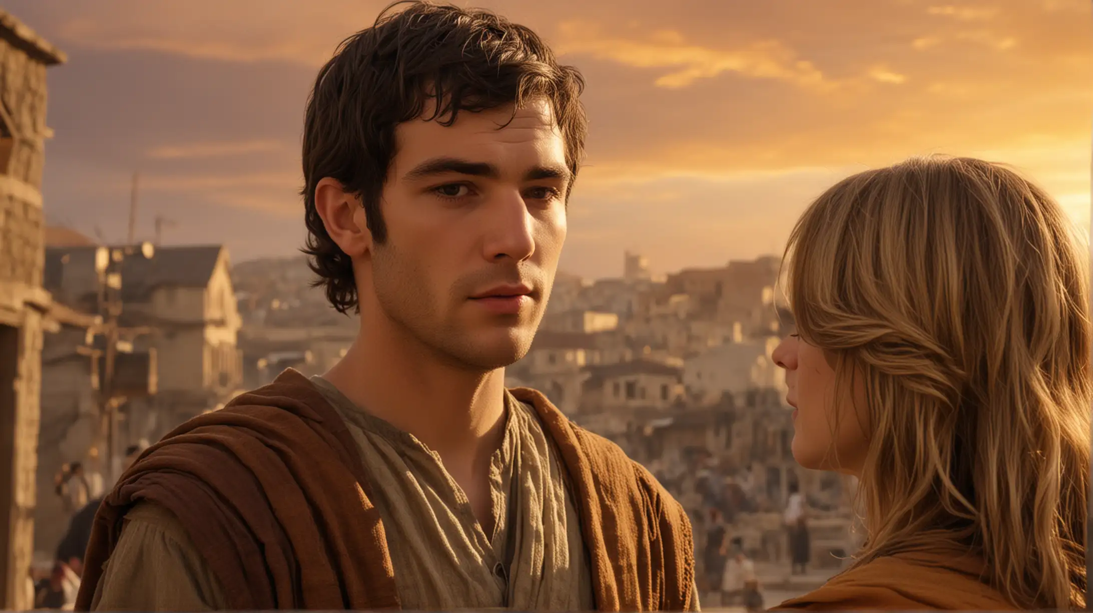 a closeup of Ezra from the Bible, standing in a town area area, with a woman talking to him.  and a beautiful golden sky.