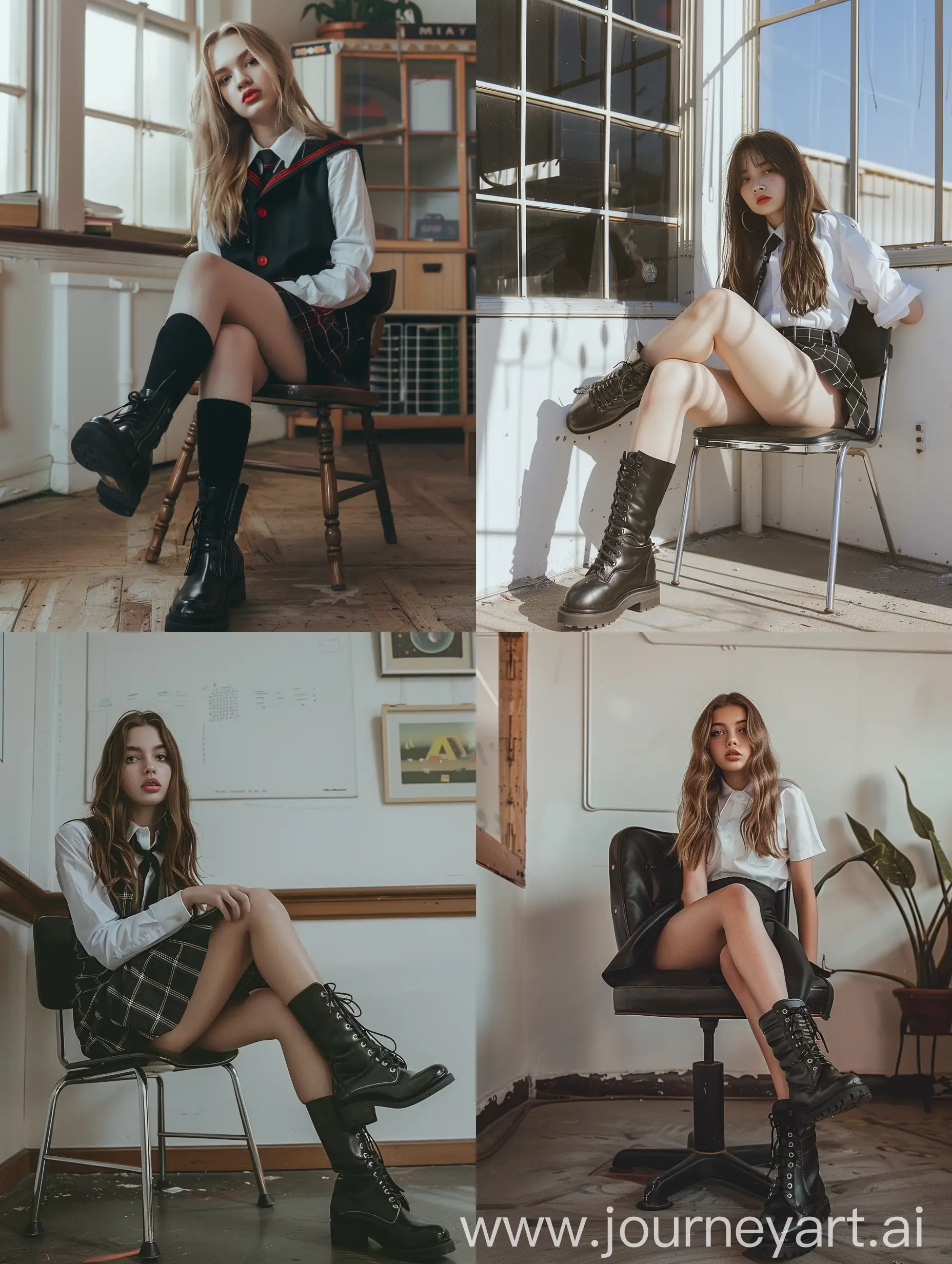 Aesthetic Instagram  of a teenage girl influencer, sitting on chair, school uniform, black boots