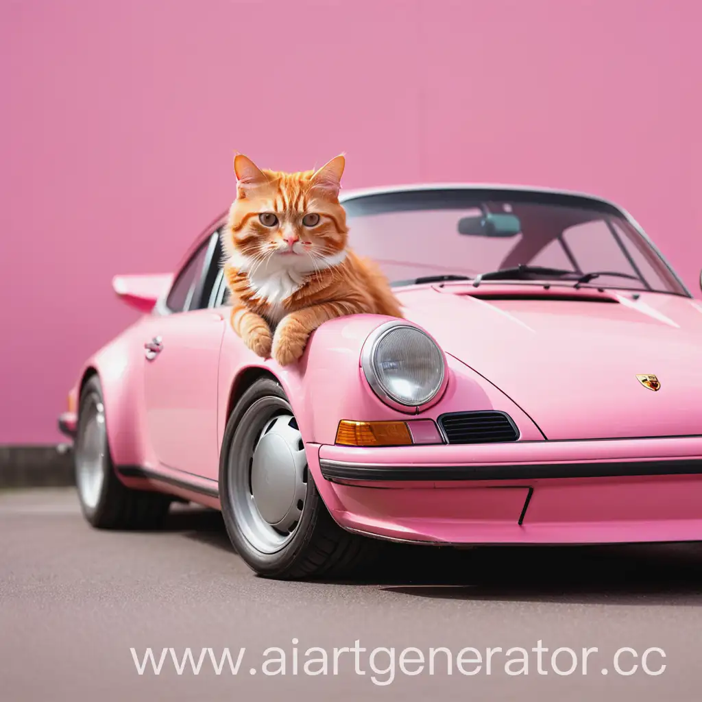 милый рыжий котик сидит на розовом порше 911