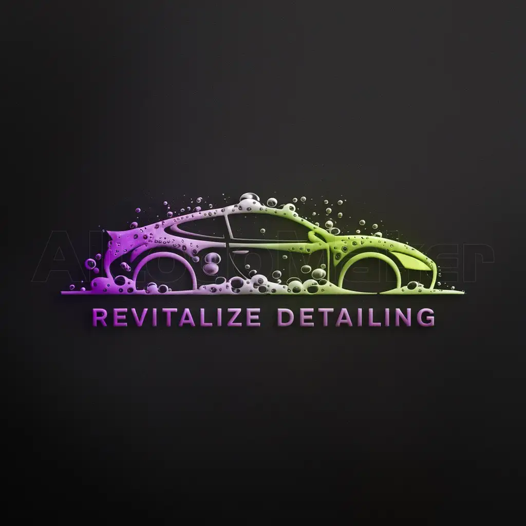 a logo design,with the text "Revitalize Detailing", main symbol:car with bubbly suds, purple and green, with black background,Minimalistic,clear background