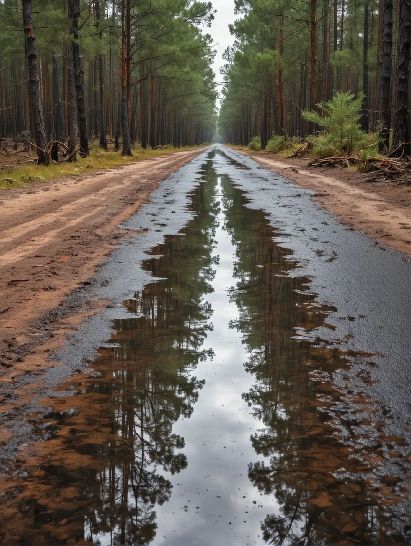puddles on the road,  pine forest reflection