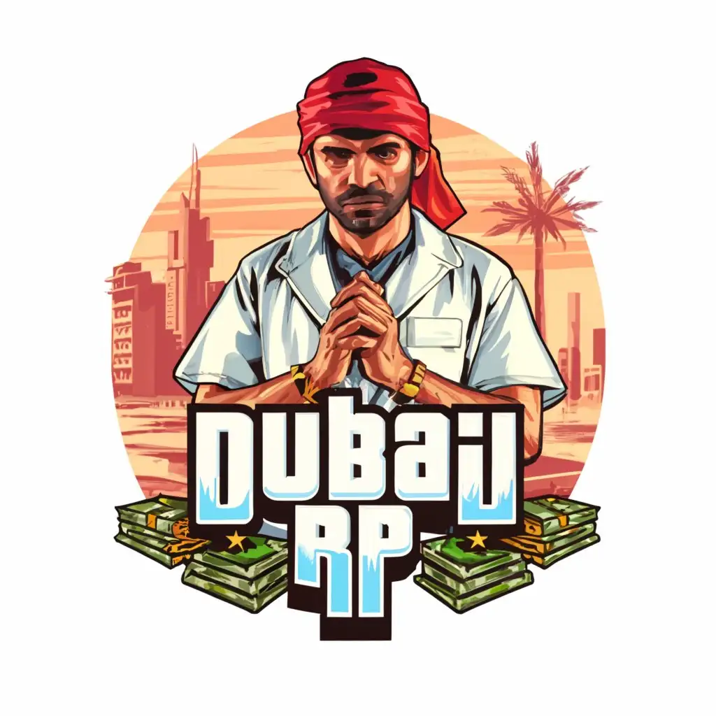 a logo design,with the text "Dubai RP", main symbol:Logo for GTA 5 server, the server will be called DUBAI RP I want you to make the logo in the style of GTA 5's gfx and add money, drugs, and something else for the cover. I also want a hookah and you put a man in an Arab tunic smoking from it.,Moderate,be used in Internet industry,clear background