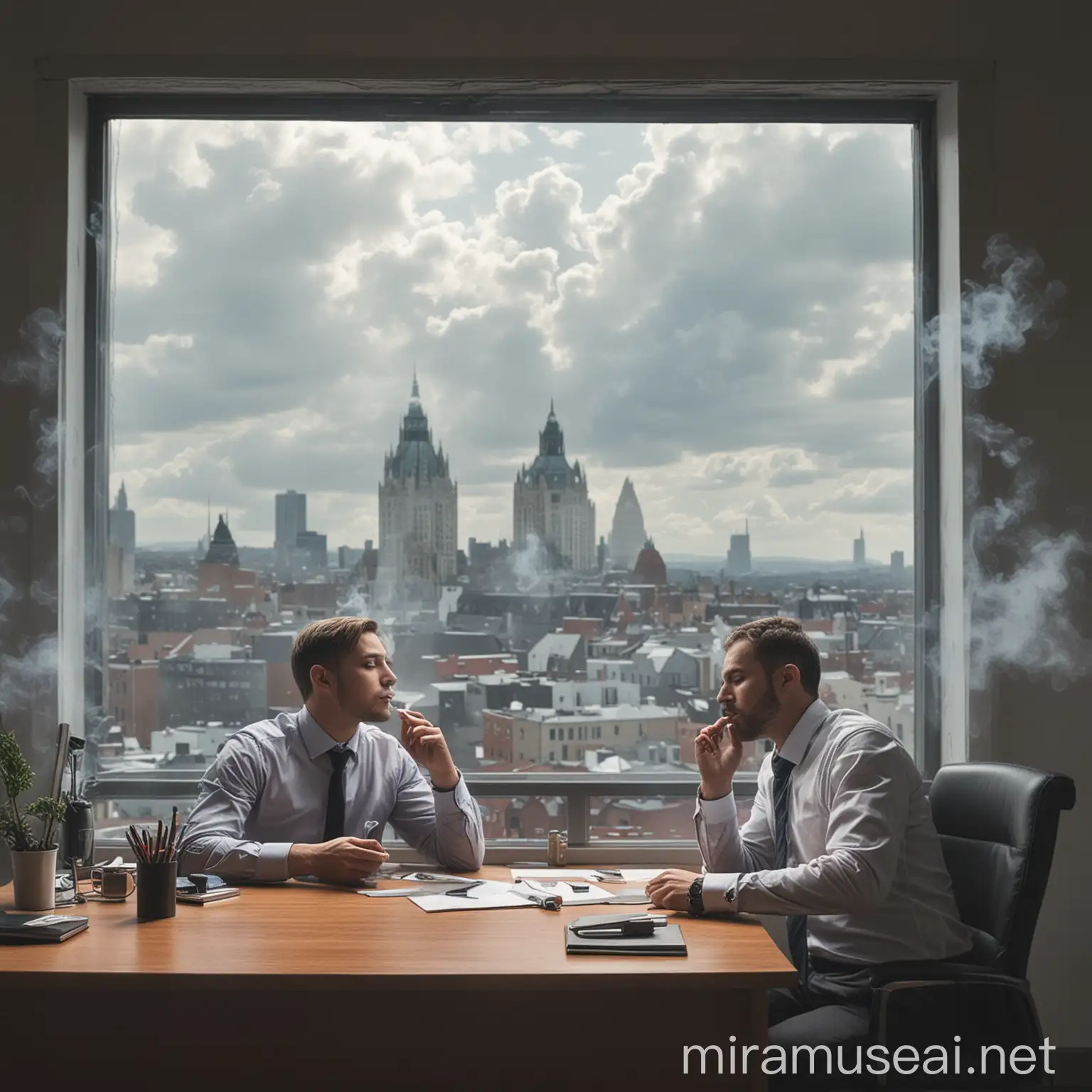 Мужчина в офисе курит вейп на фоне открытого окна за котором пурга