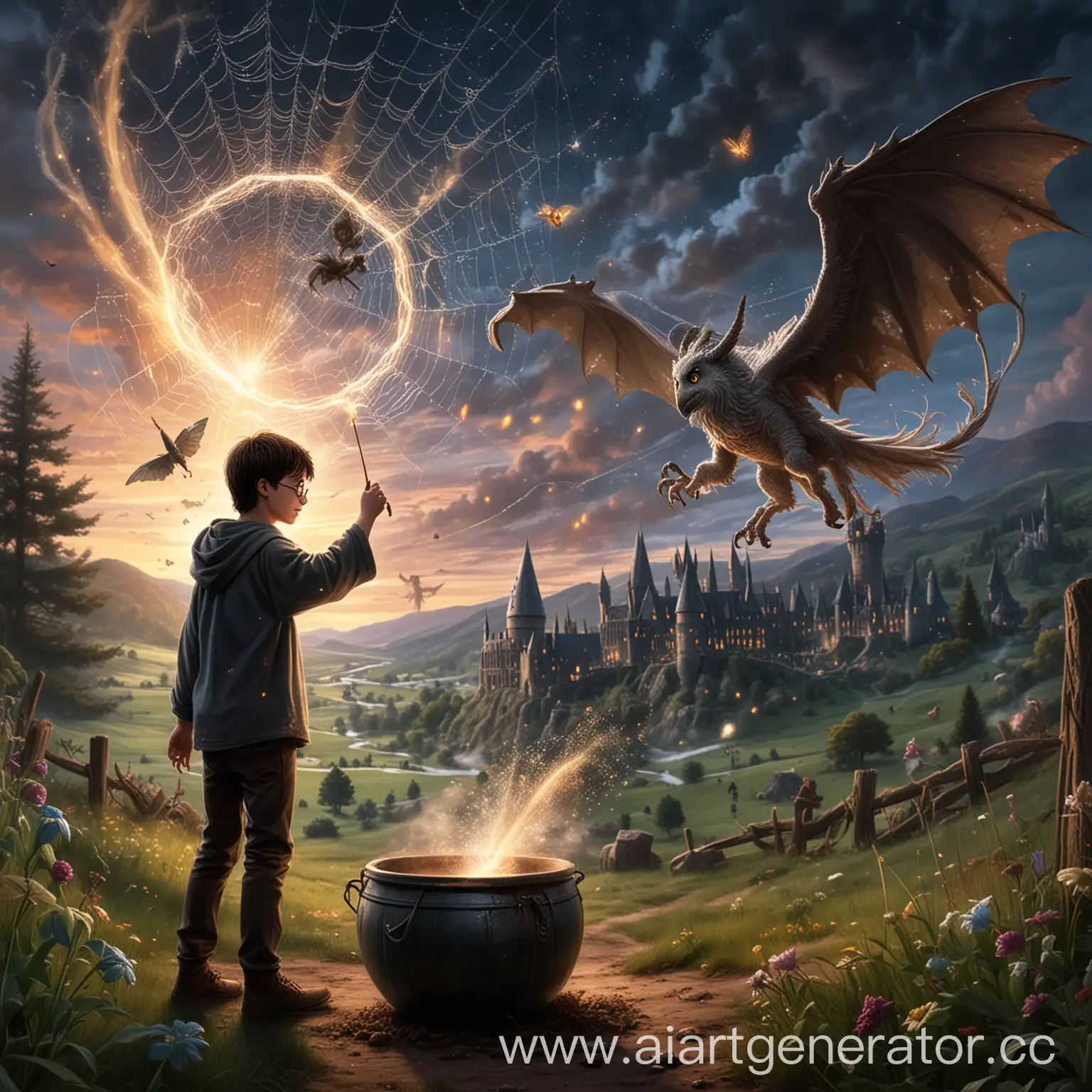 Magical-Scene-with-Harry-Potter-Fairy-Dragon-Owl-and-Unicorn