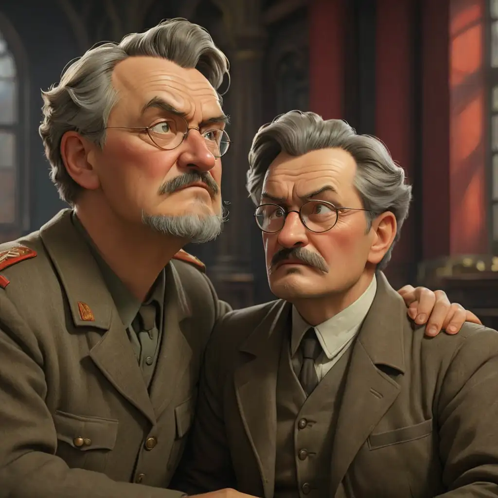 Color image in 3d animation style, realism. Trotsky, a Soviet politician, whispers something in Vladimir Lenin's ear. They look like unpleasant villains, cunning, with exaggerated facial features. WE see them full-length, with arms and legs. They are painted in the style of the early 20th century.
