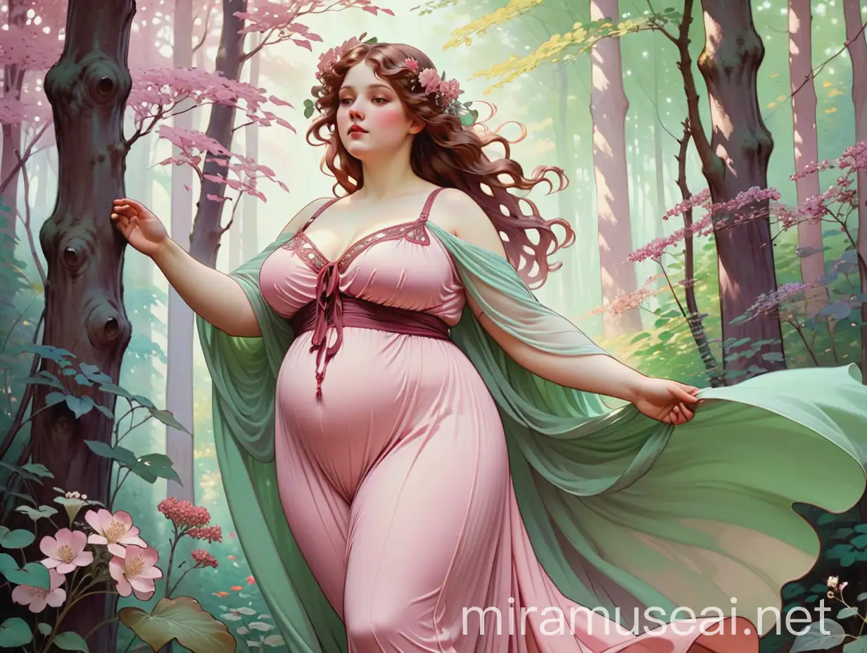 large woman in flowing clothes exploring the forest, flowers, nature, style of alfons mucha, art nouveau, soft pinks, pale greens, light burgundy, pale purple, coral