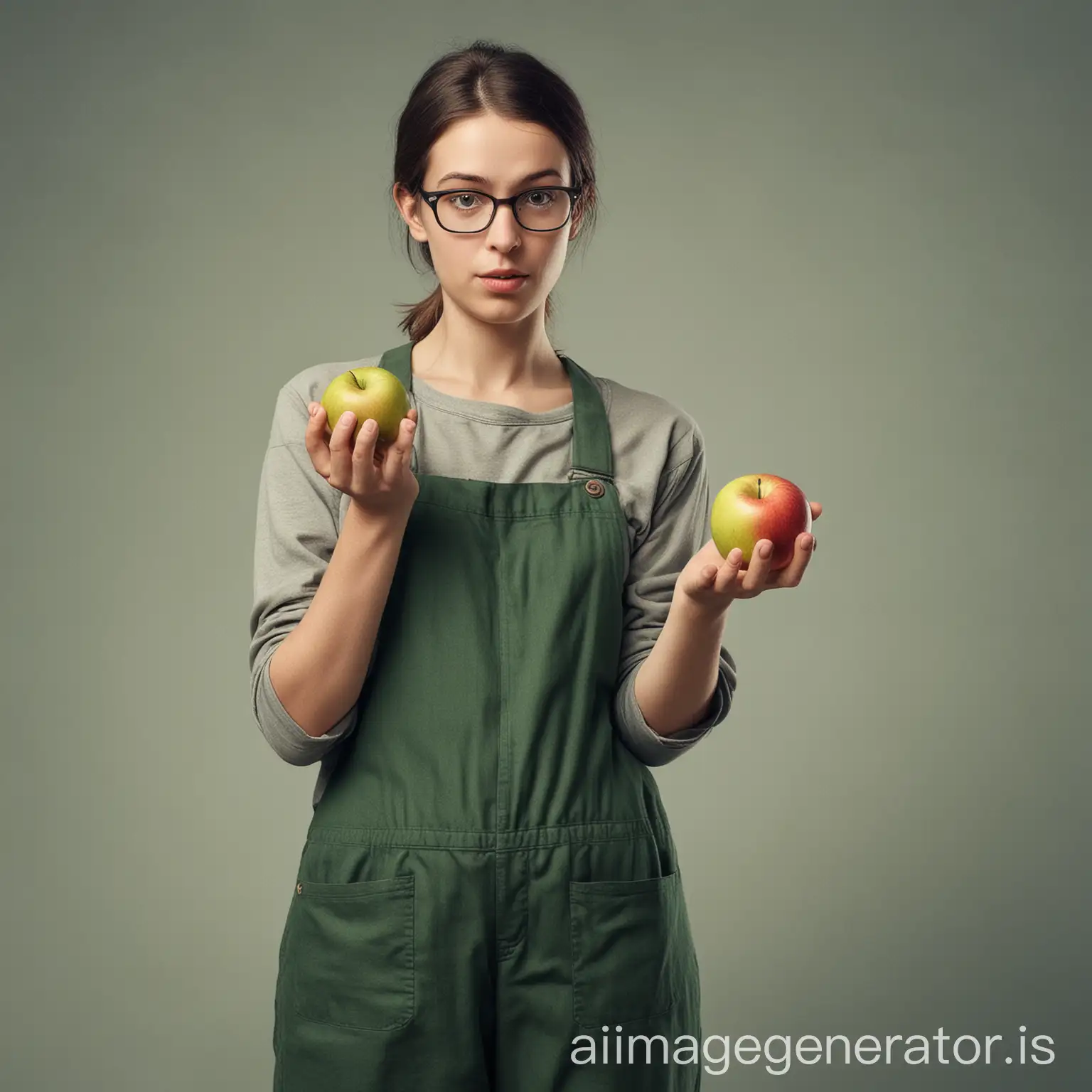 generate please an image of a confused human being holding an organic apple in one hand and conventional pair in his/her other hand