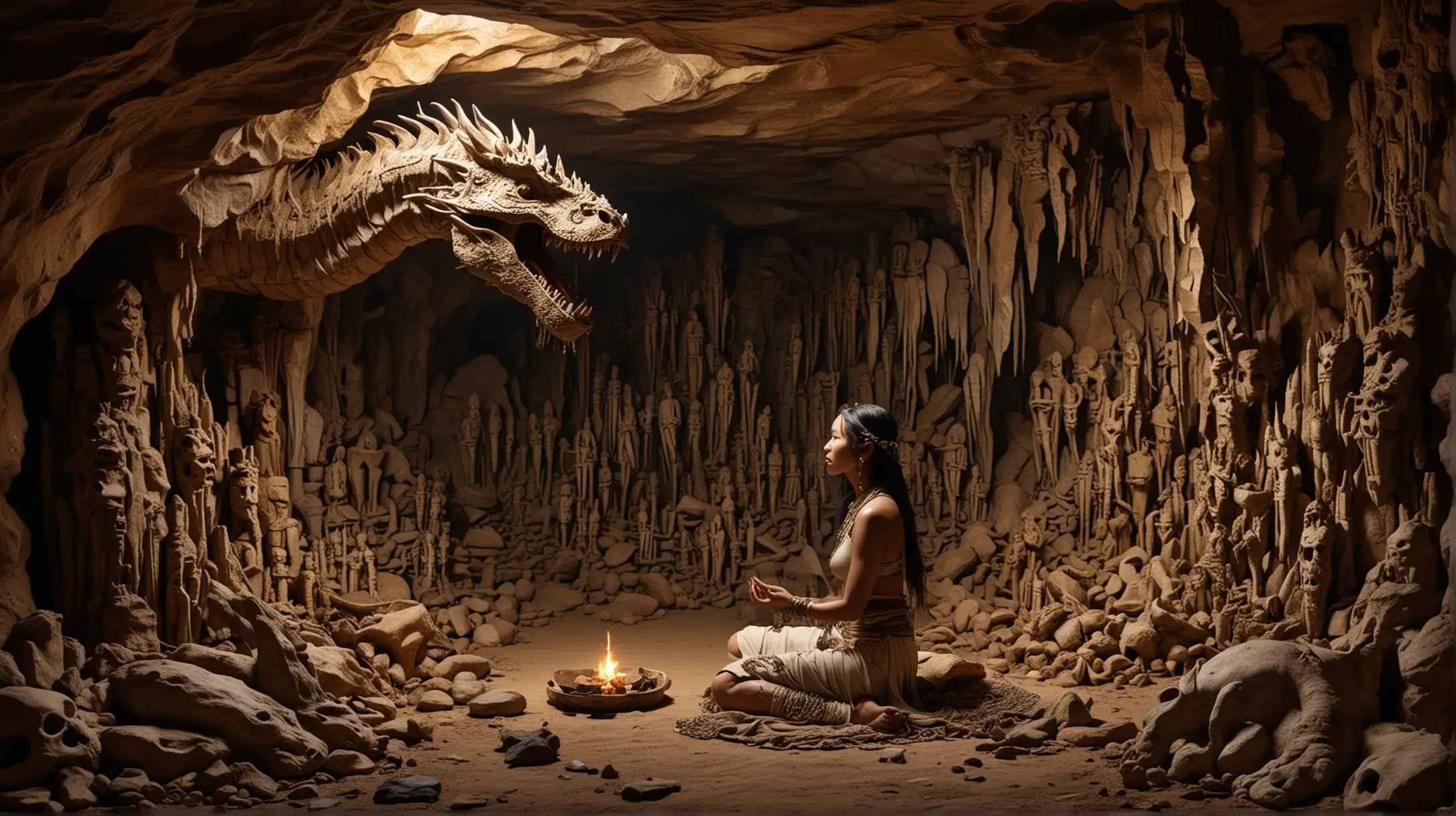 in a cave, shrine of the dragon god with effigy of a great beast constructed out of old dinosaur bones, sensual tribal woman gather and worship beneath the god, realistic and dramatic in style