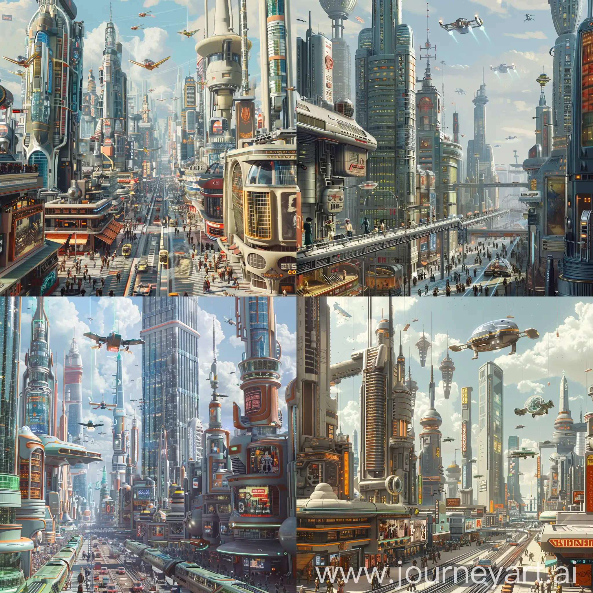 “A retro-futuristic cityscape set in the 1950s. The skyline features towering skyscrapers with sleek, streamlined designs, adorned with neon lights and chrome finishes. Flying cars zip through the sky, and monorails weave between the buildings. The streets below are bustling with vintage-style robots and people dressed in 1950s attire, walking past futuristic storefronts with holographic advertisements. The overall aesthetic combines the optimism and style of the 1950s with advanced technology, creating a vision of the future as imagined in that era.”