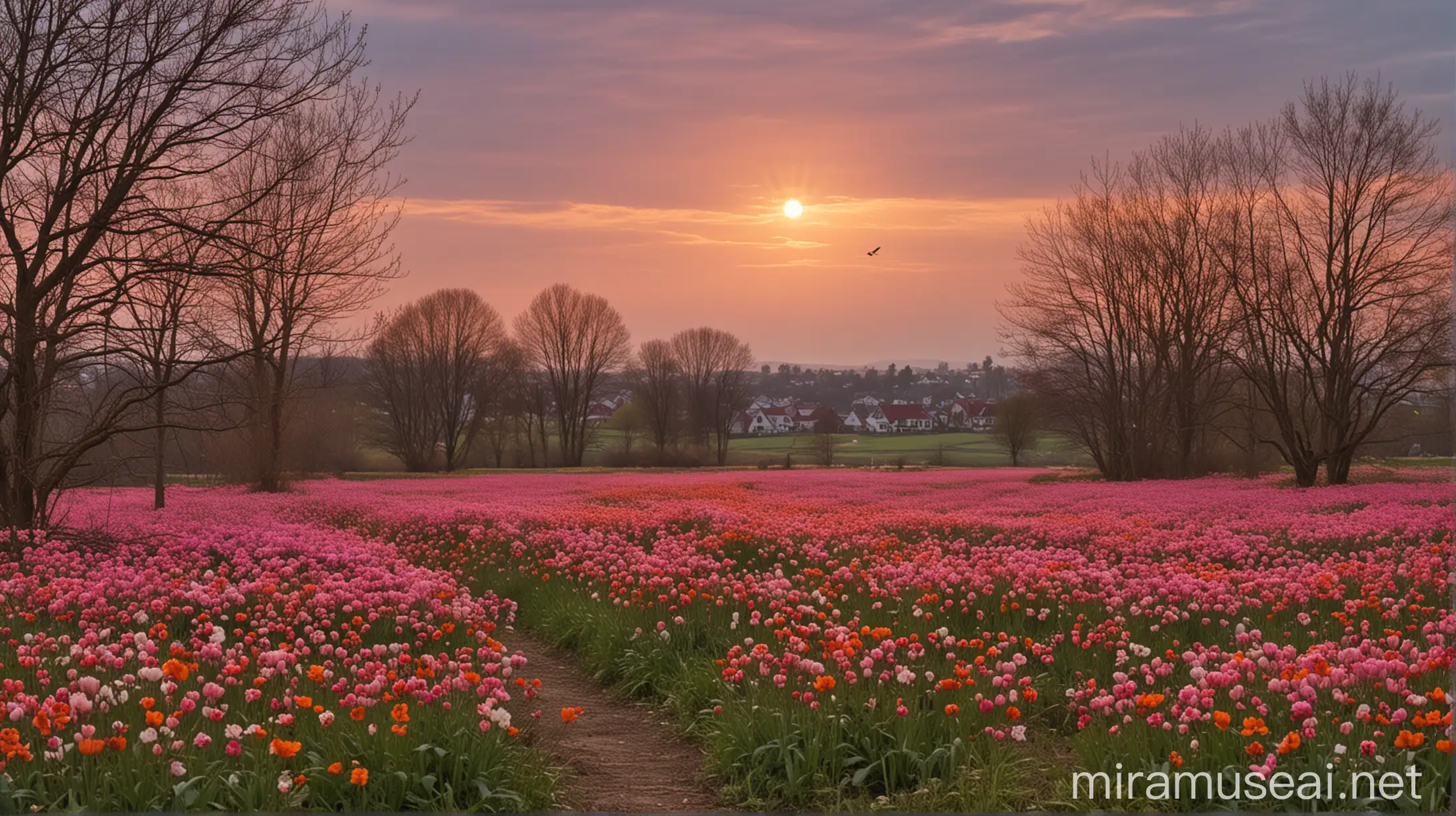 Springtime Walk Through Flowery Fields at Sunset