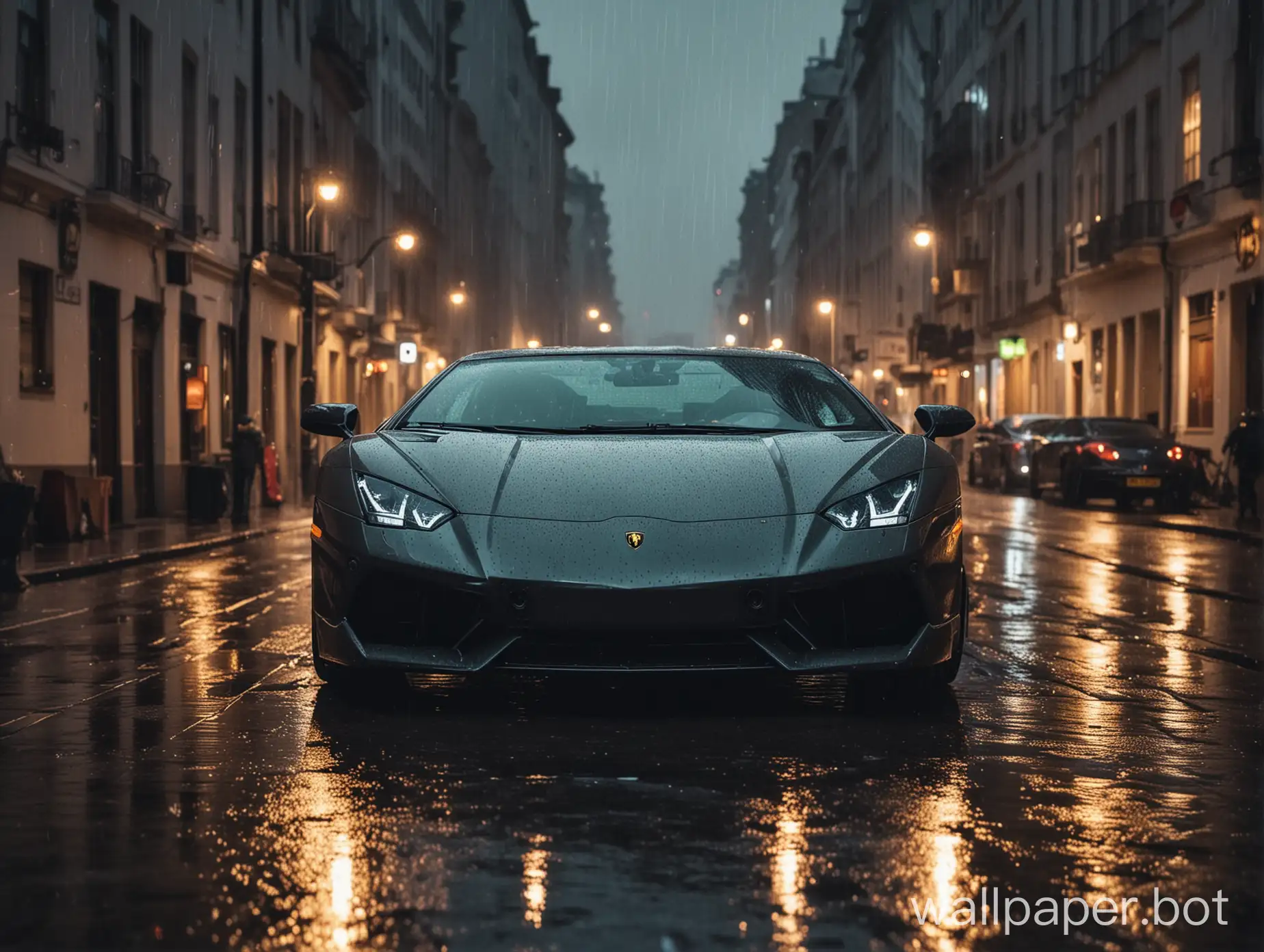 Lamborghini from the front in the city in a rainy night