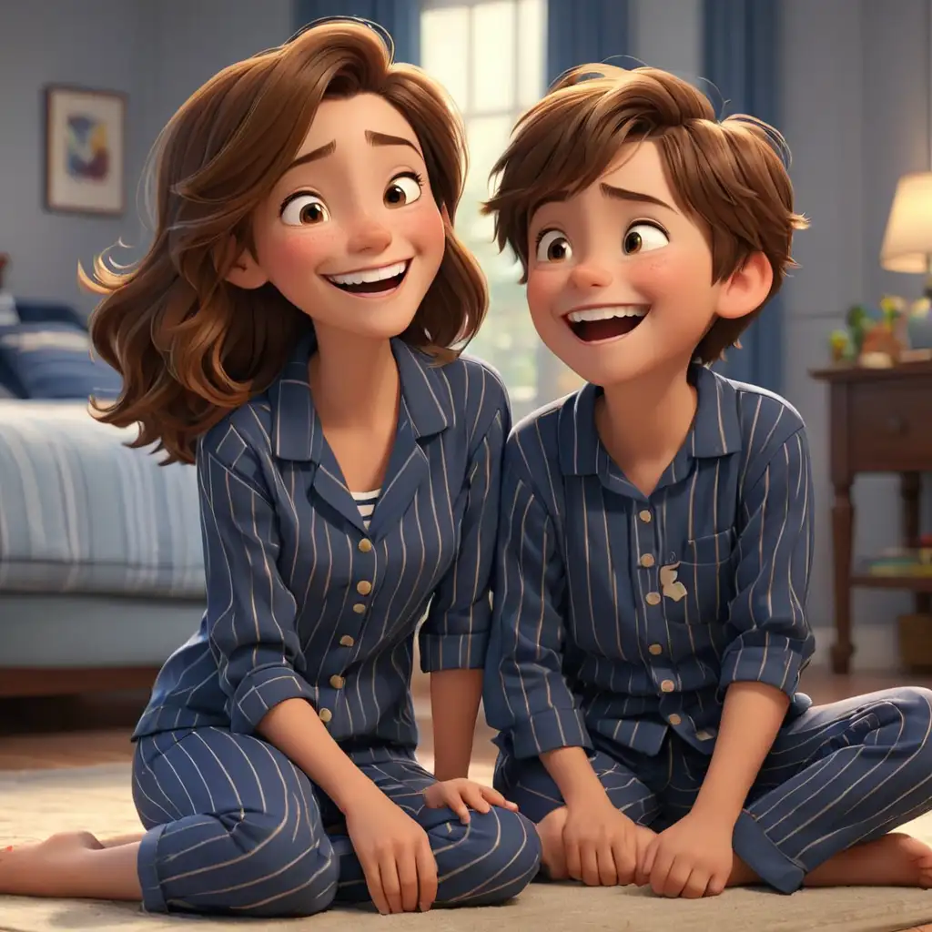 Disney pixar theme, 3d animation, beautiful mom, long straight brown hair, son with neat short brown hair, happily looking at each other laughing, sitting on the floor, wearing navy blue stripe pajamas